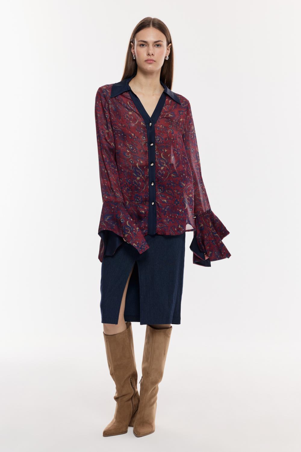 Desenli Şifon Geniş Manşetli Bluz