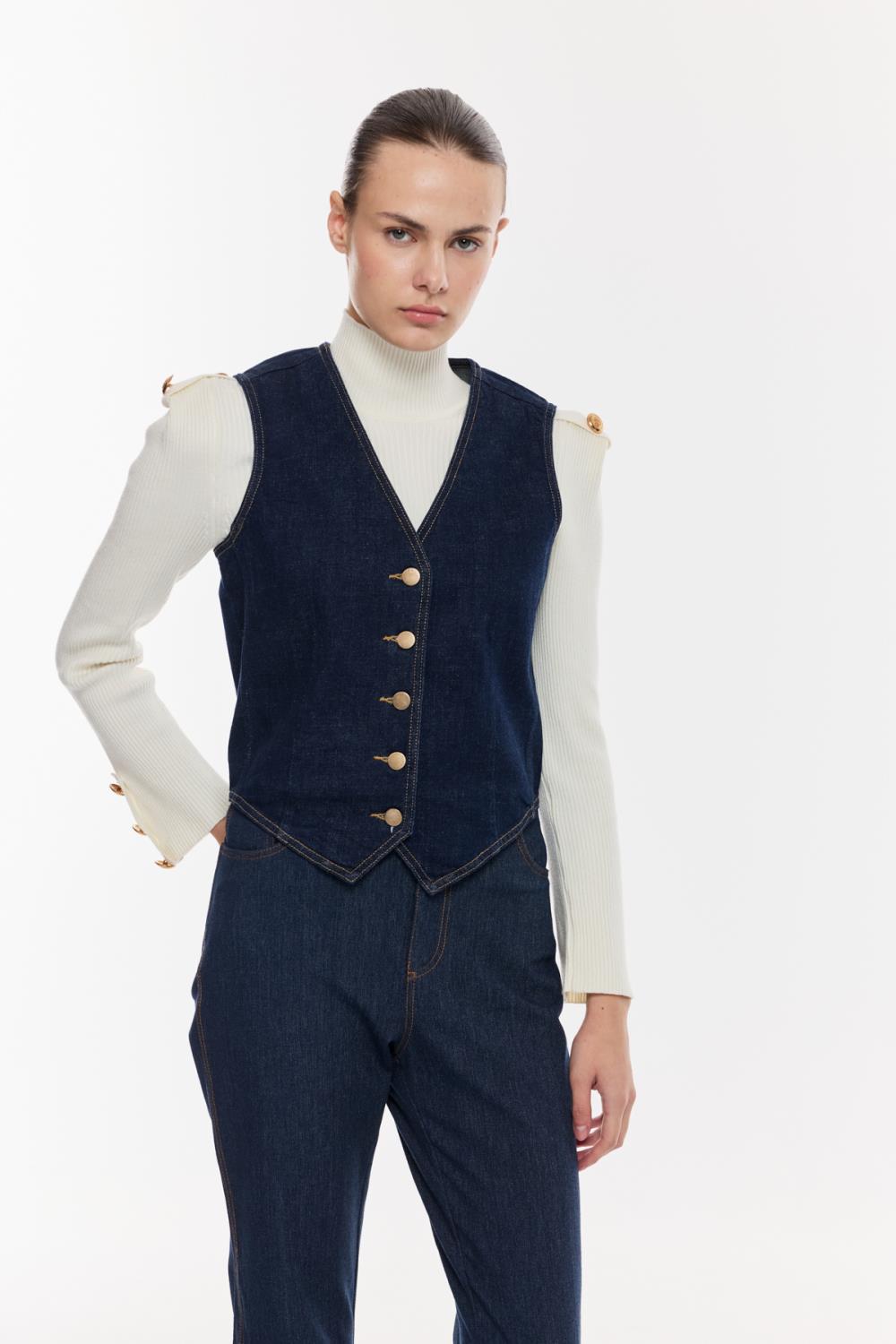 Modern Dikişli Denim Yelek