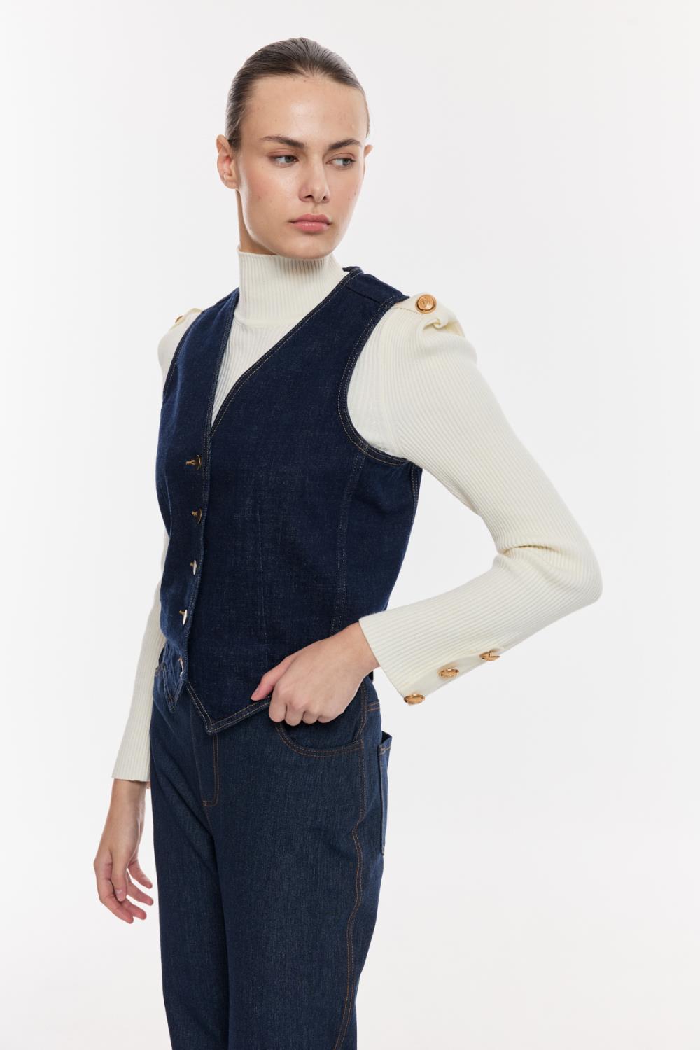 Modern Dikişli Denim Yelek