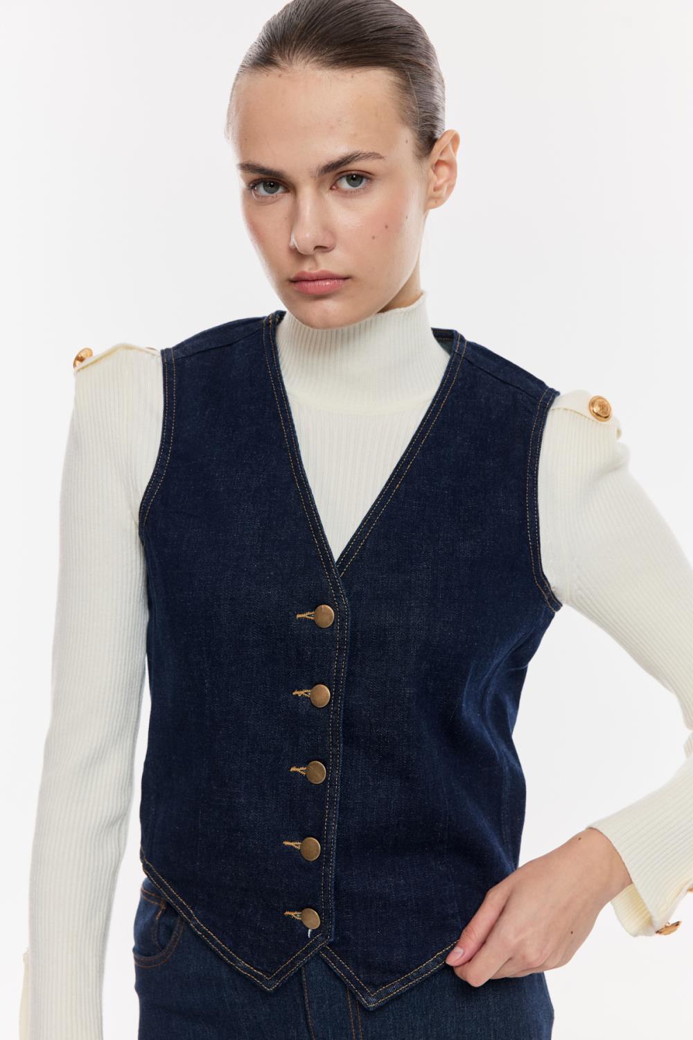 Modern Dikişli Denim Yelek