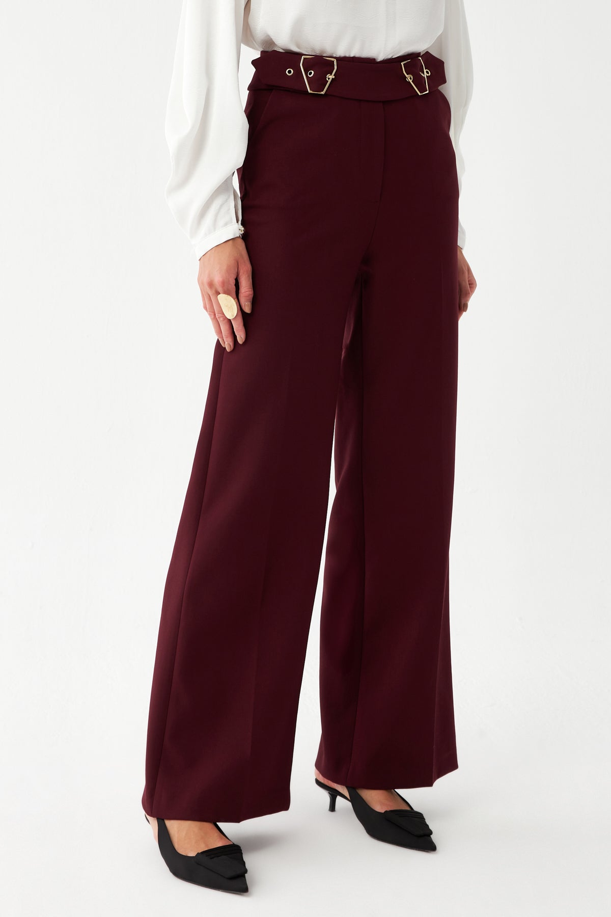 Çift Tokalı Yüksek Bel Pantolon