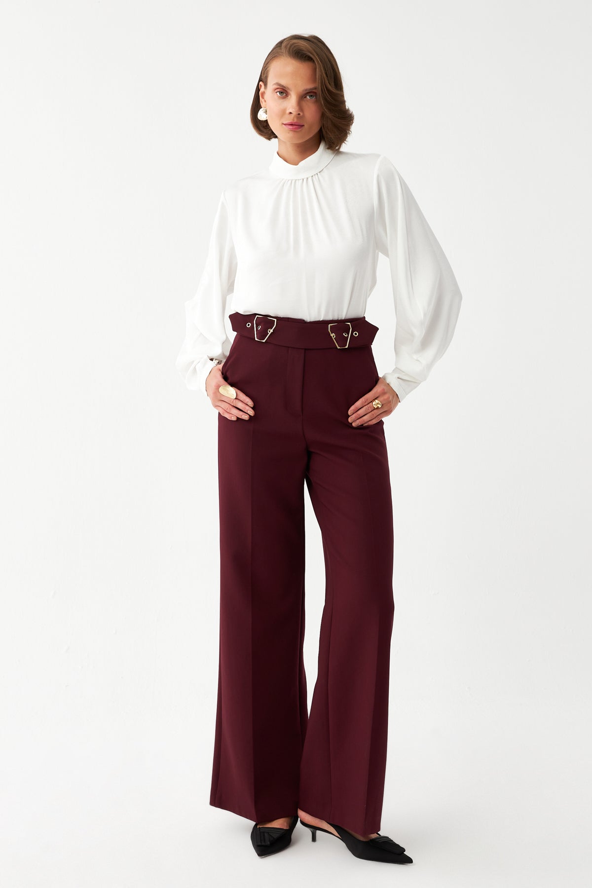 Çift Tokalı Yüksek Bel Pantolon