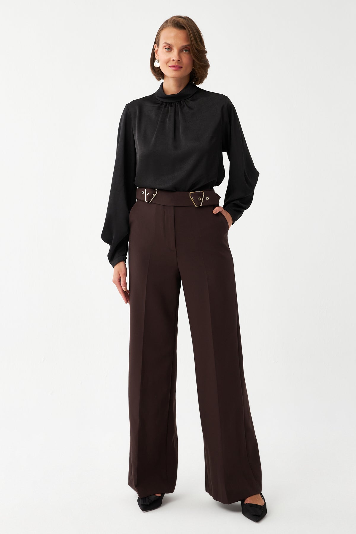 Çift Tokalı Yüksek Bel Pantolon