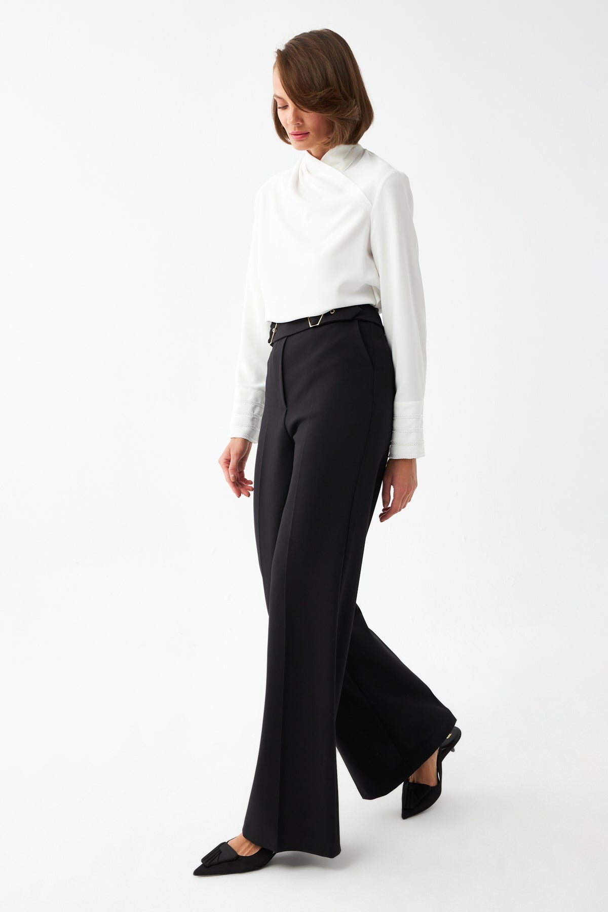 Çift Tokalı Yüksek Bel Pantolon