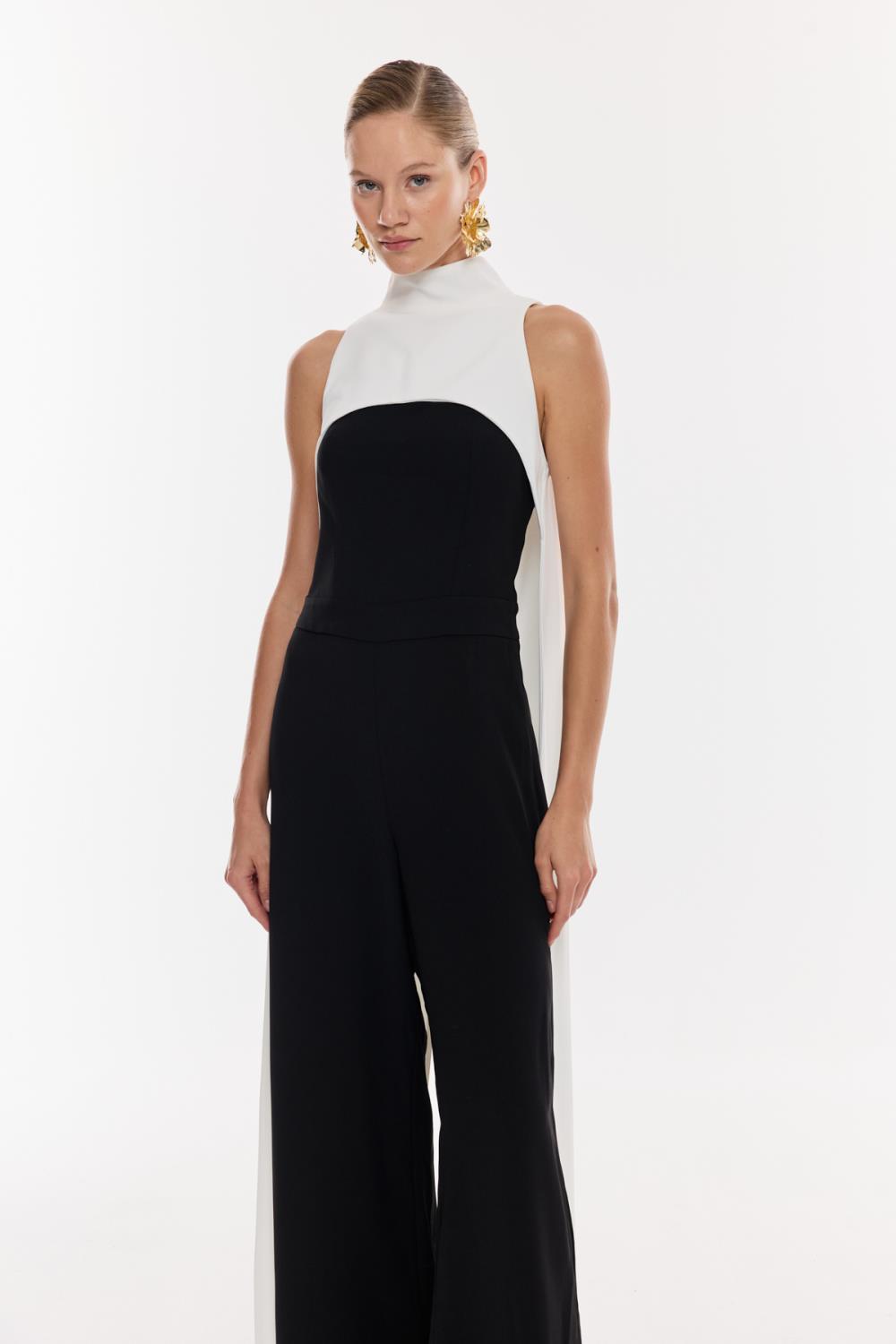 Siyah-Beyaz Renk Bloklu Tulum