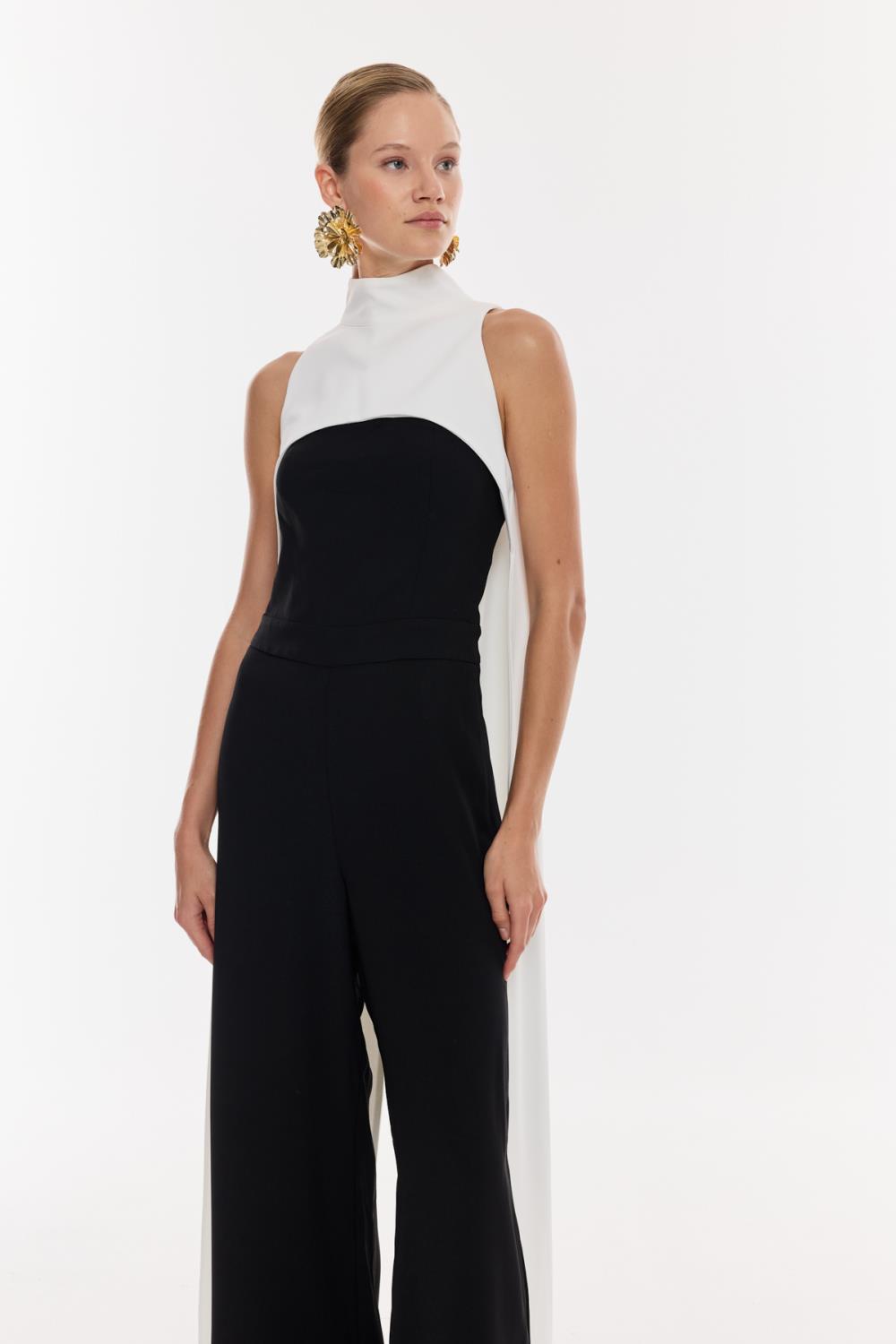 Siyah-Beyaz Renk Bloklu Tulum