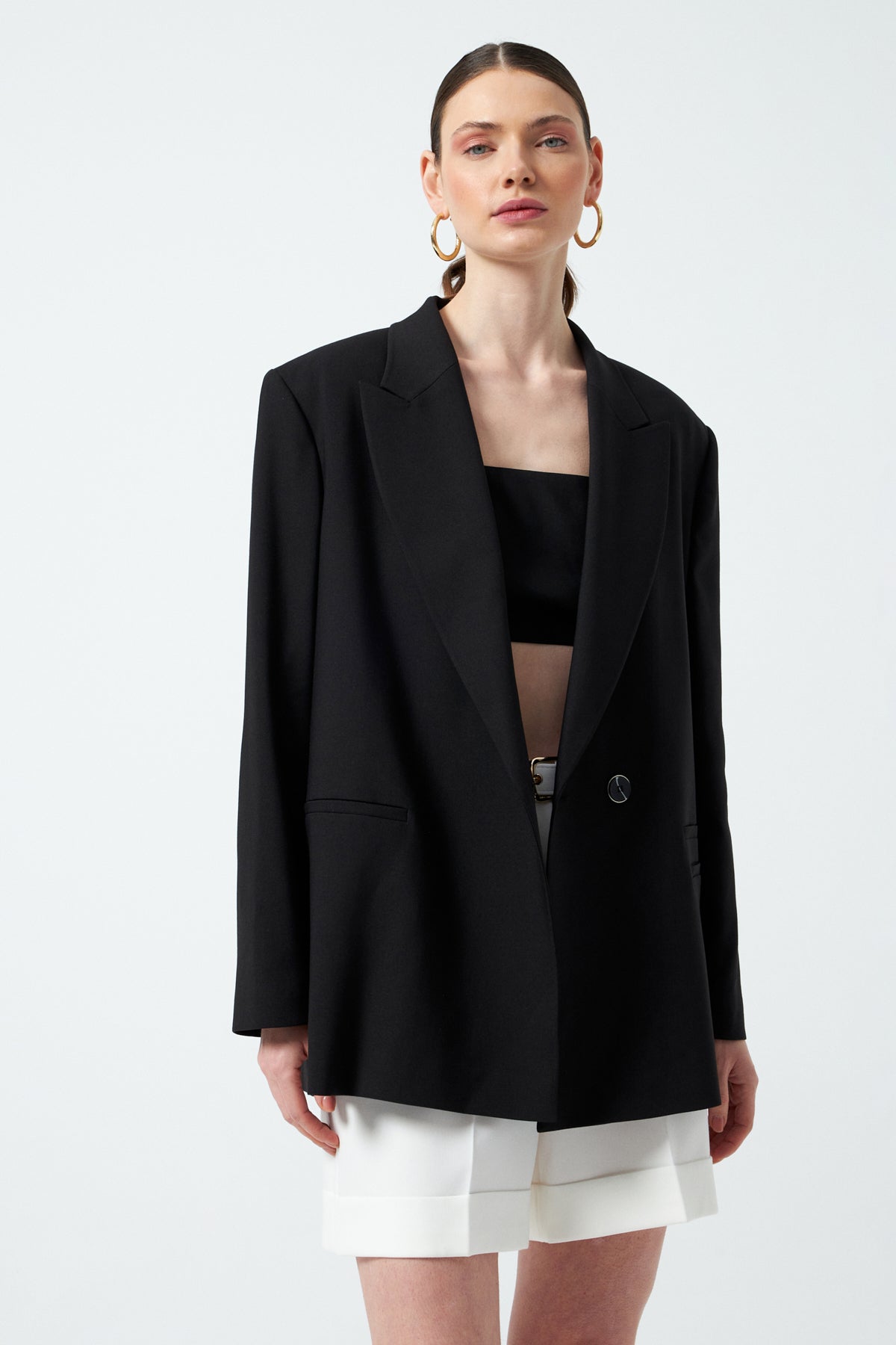 Vatkalı ve Tek Düğmeli Oversize Blazer Ceket - Siyah