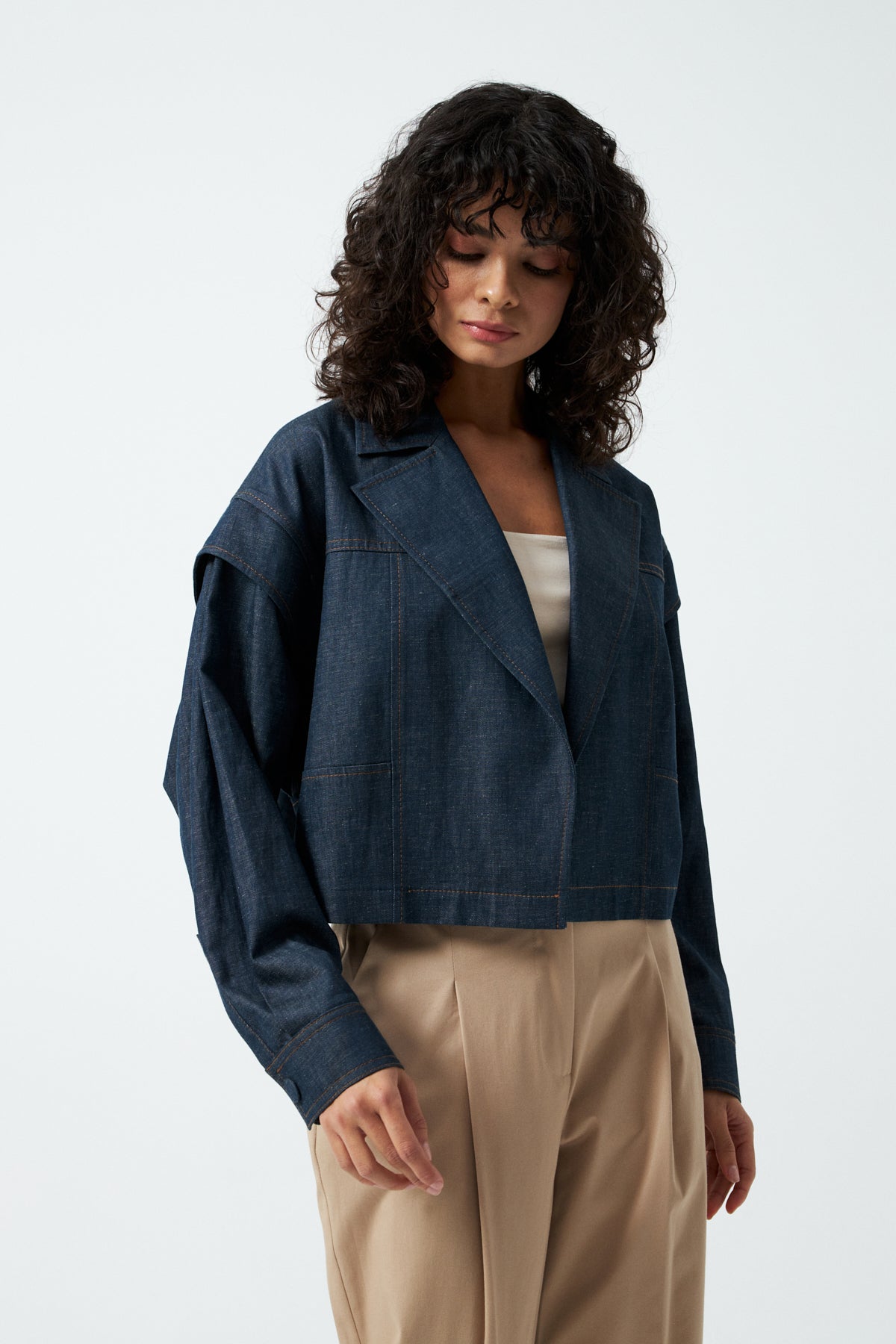 Kruvaze Yaka Crop Ceket - Lacivert