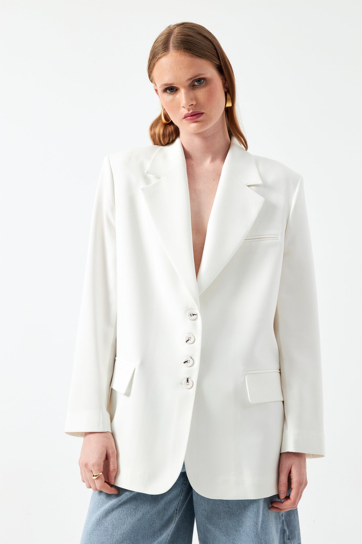 Düğmeli Uzun Blazer Ceket - Ekru