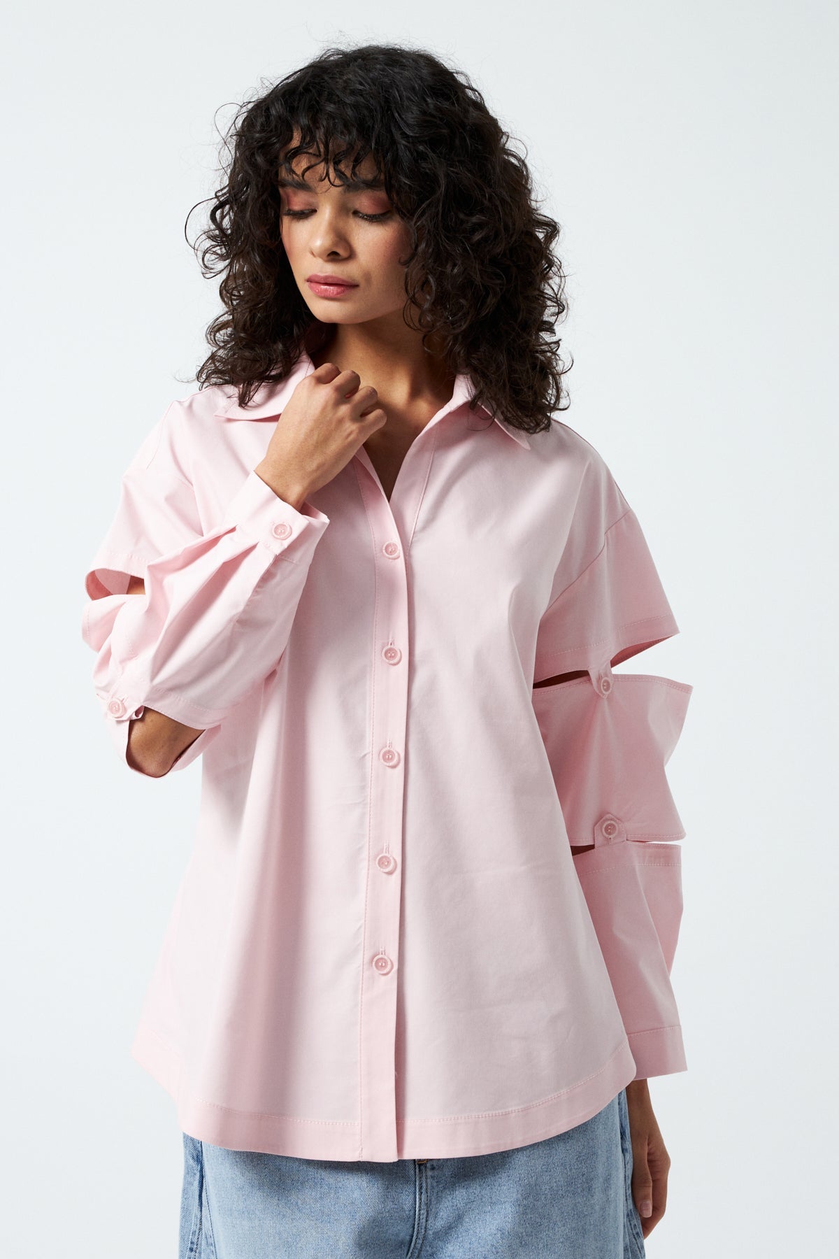 Kolları Yatay Kesik Detaylı Oversize Gömlek - Pembe