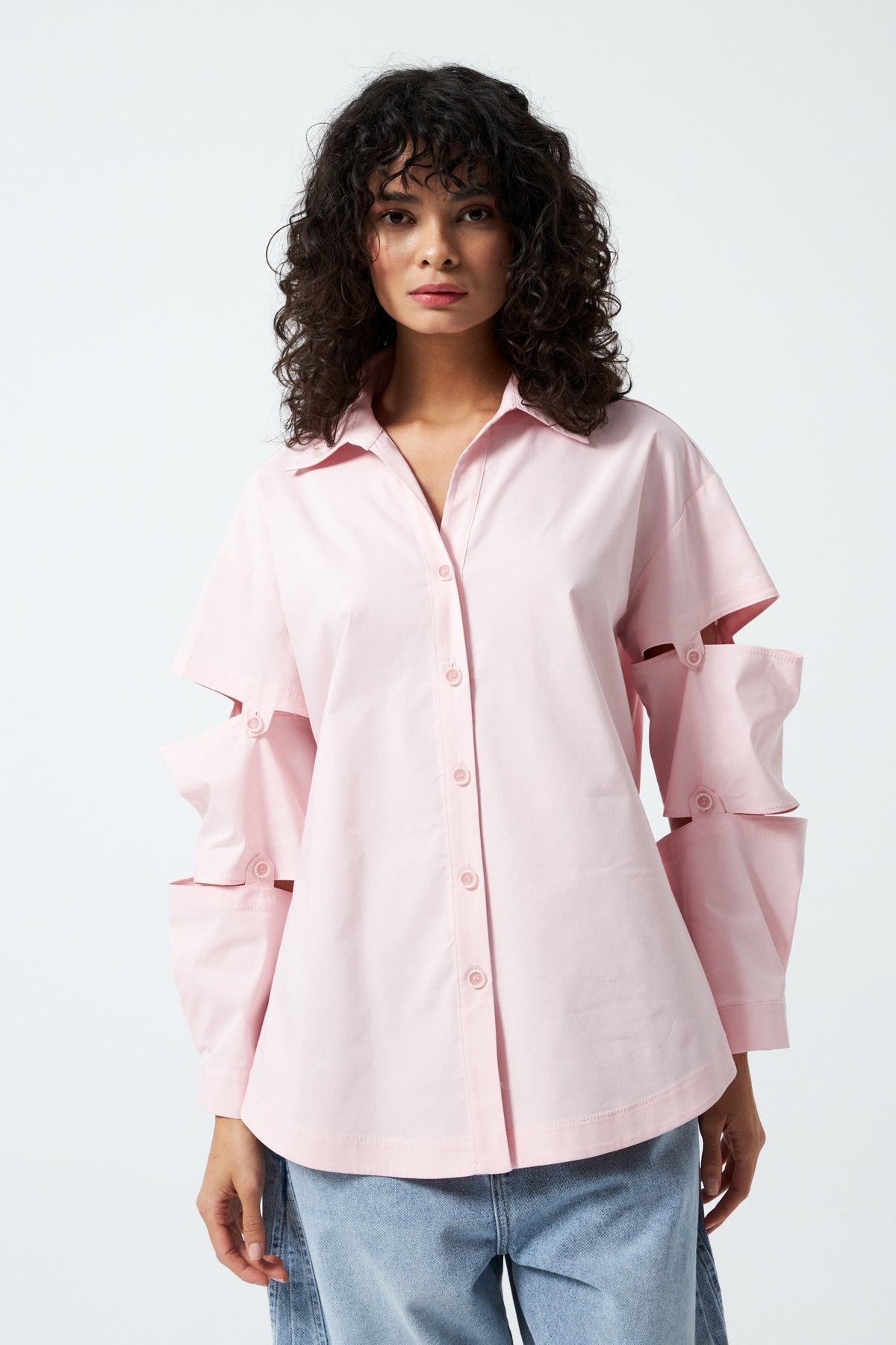 Kolları Yatay Kesik Detaylı Oversize Gömlek - Pembe