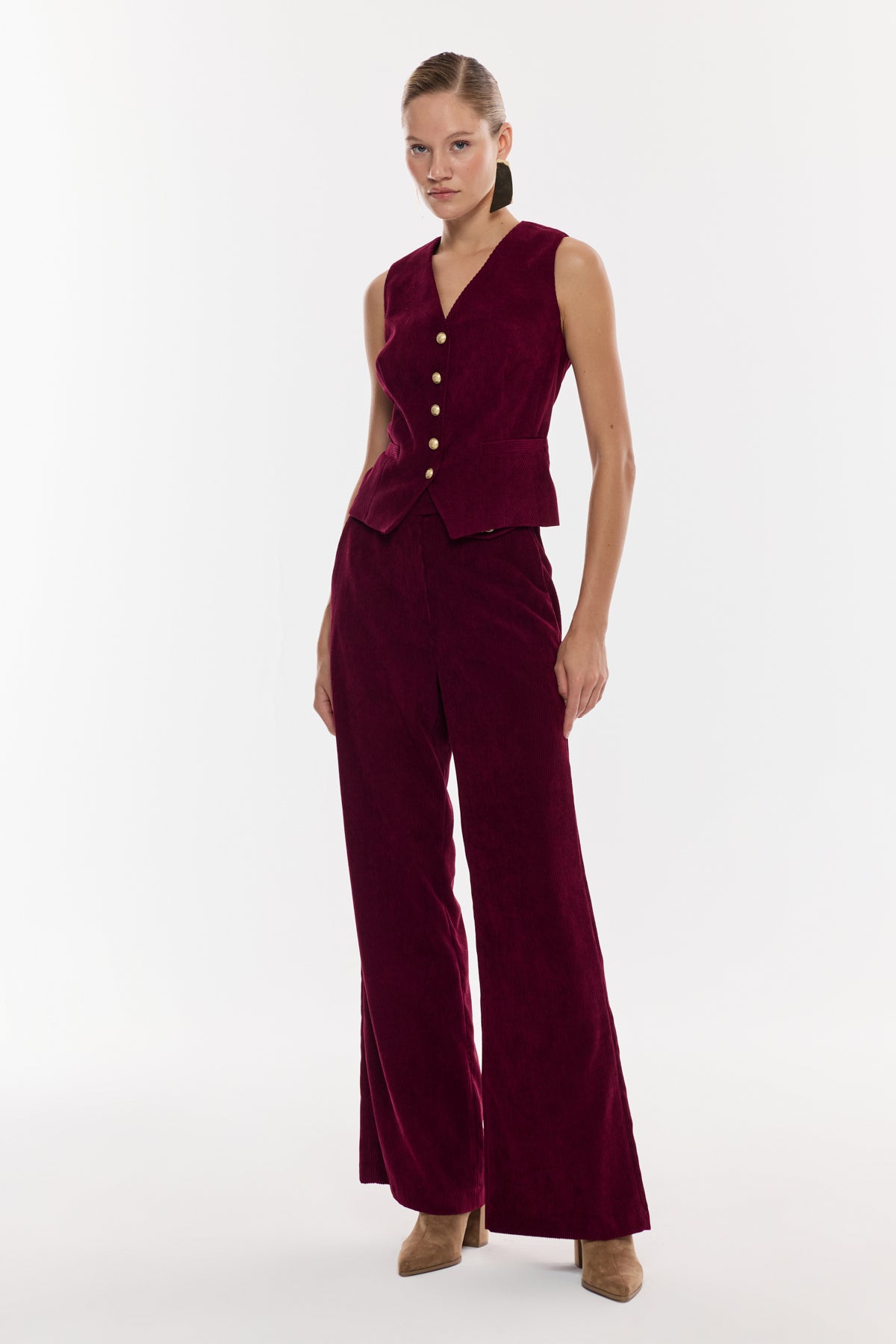 Kadife Düğmeli Yelek Takım