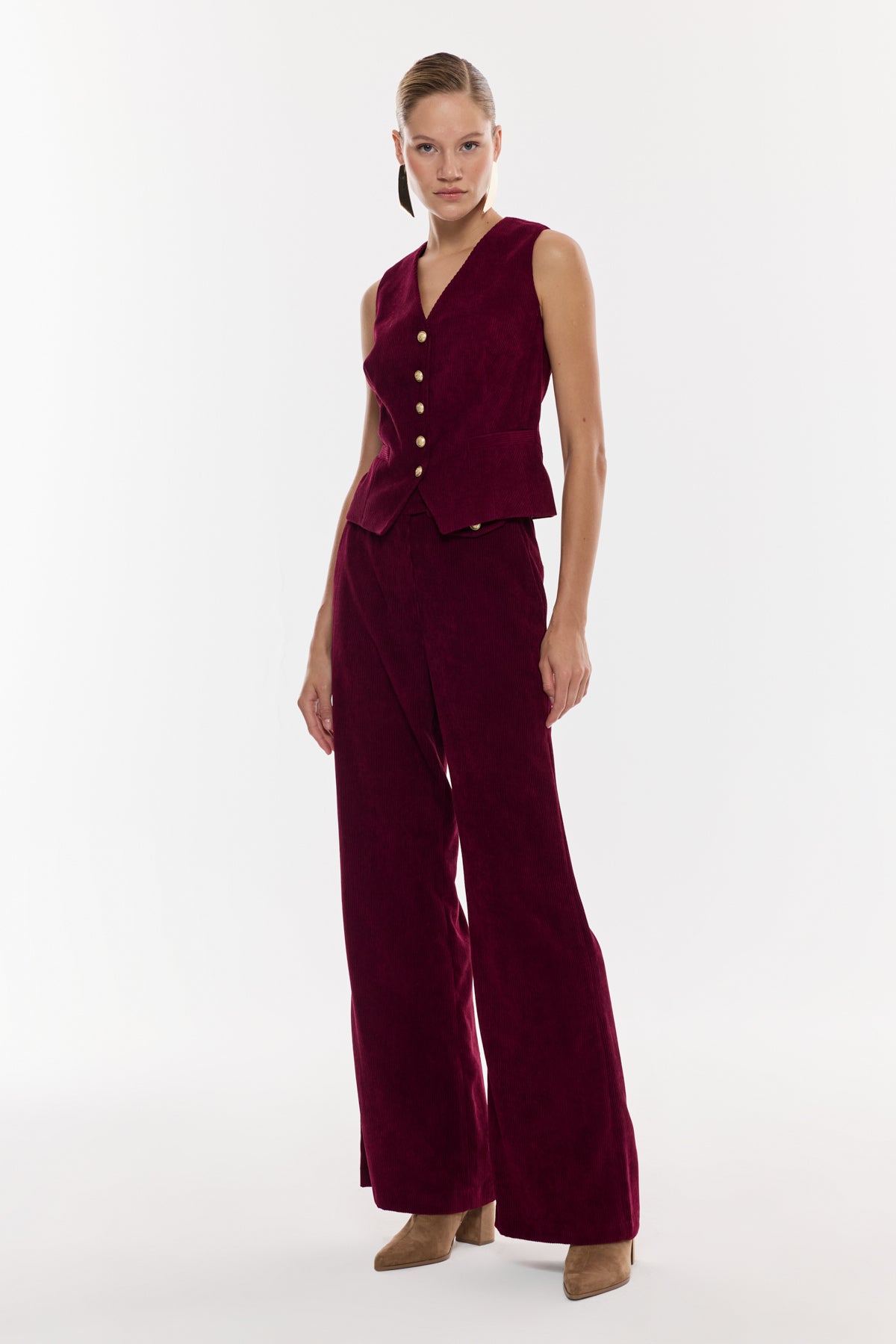 Kadife Düğmeli Yelek Takım