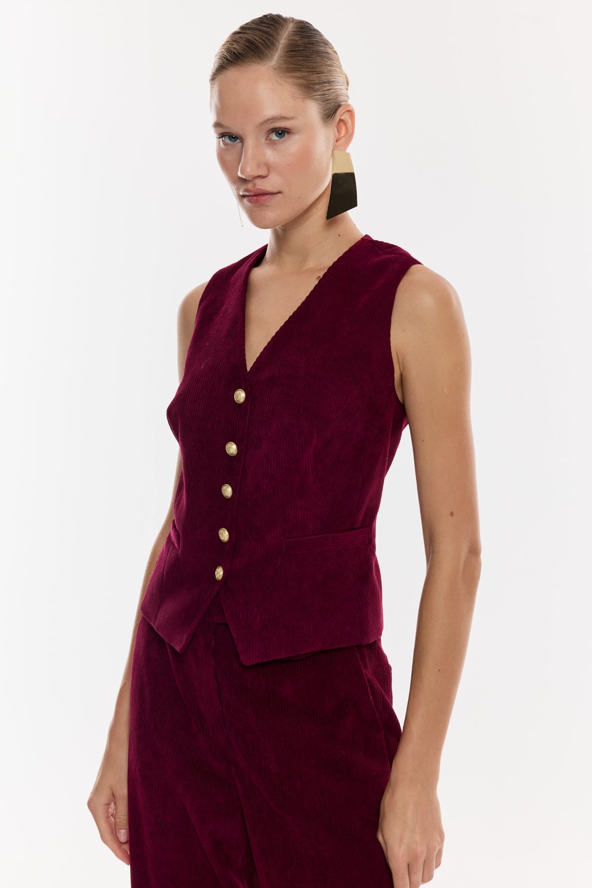 Kadife Düğmeli Yelek Takım