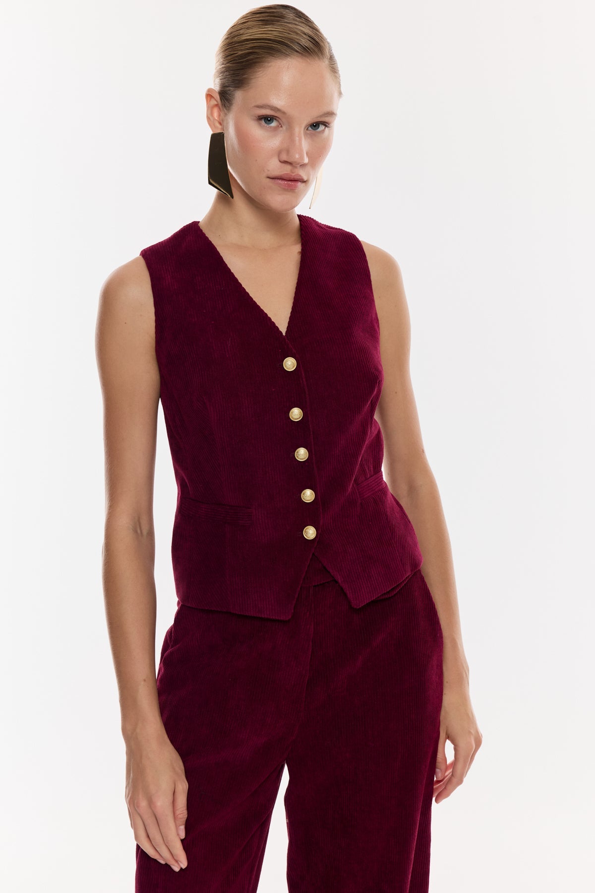 Kadife Düğmeli Yelek Takım