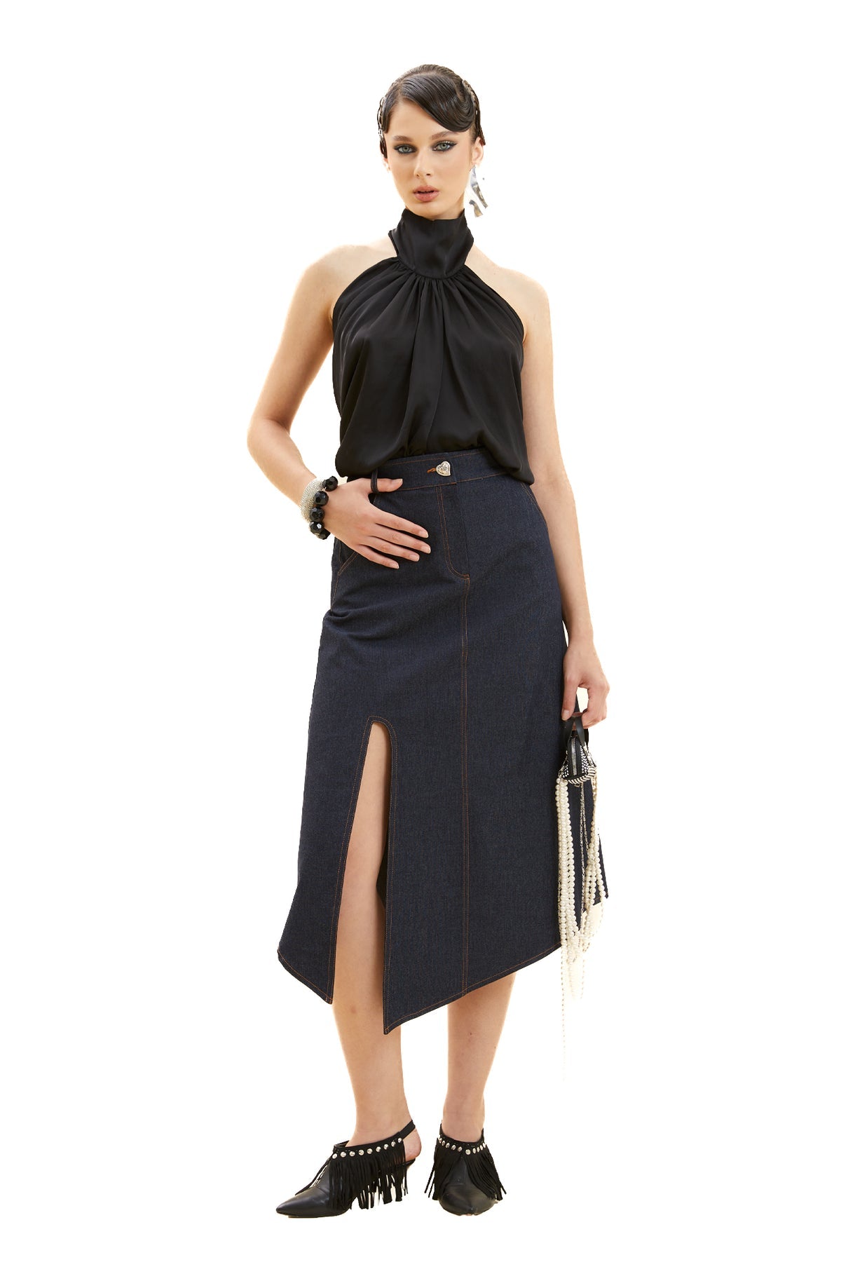 Yırtmaçlı Asimetrik Jean Etek