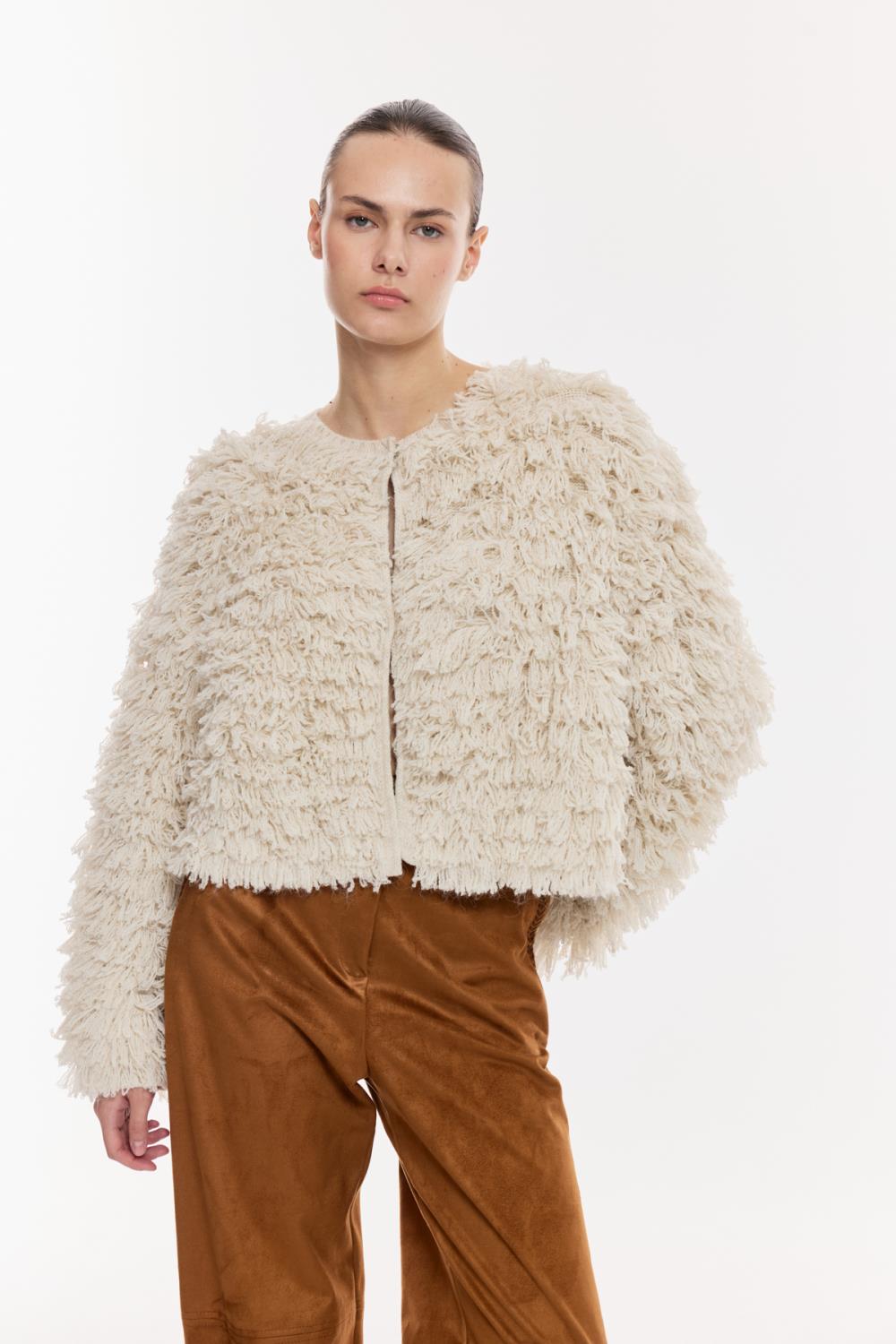 Ekru Dokulu Crop Ceket