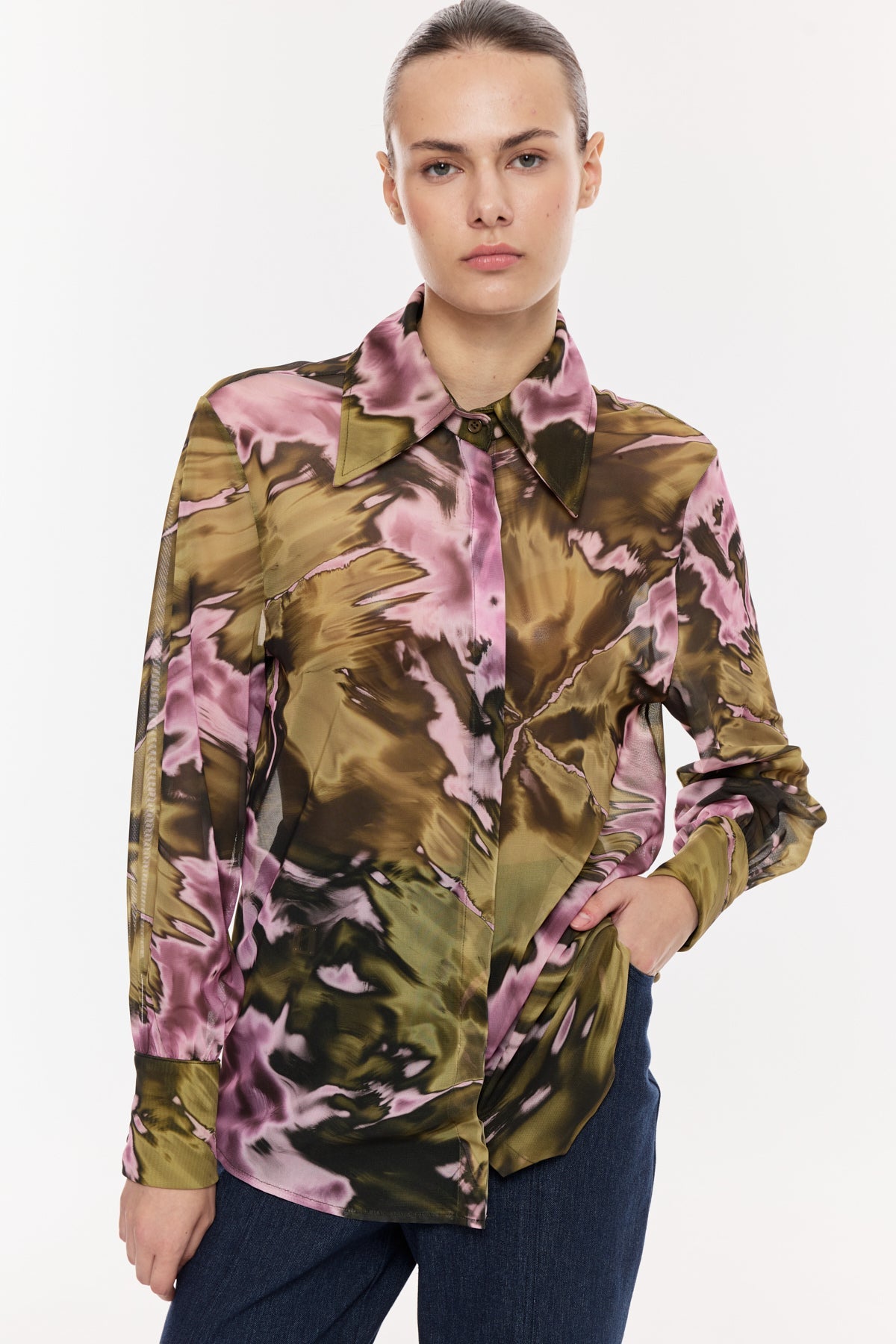 Saten Dokulu Gömlek Bluz