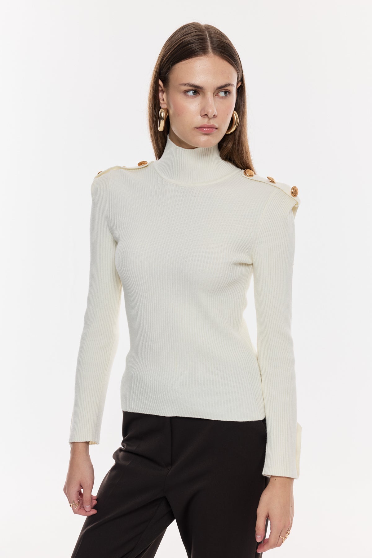 Omuz-Kol Düğme Detaylı Triko Bluz