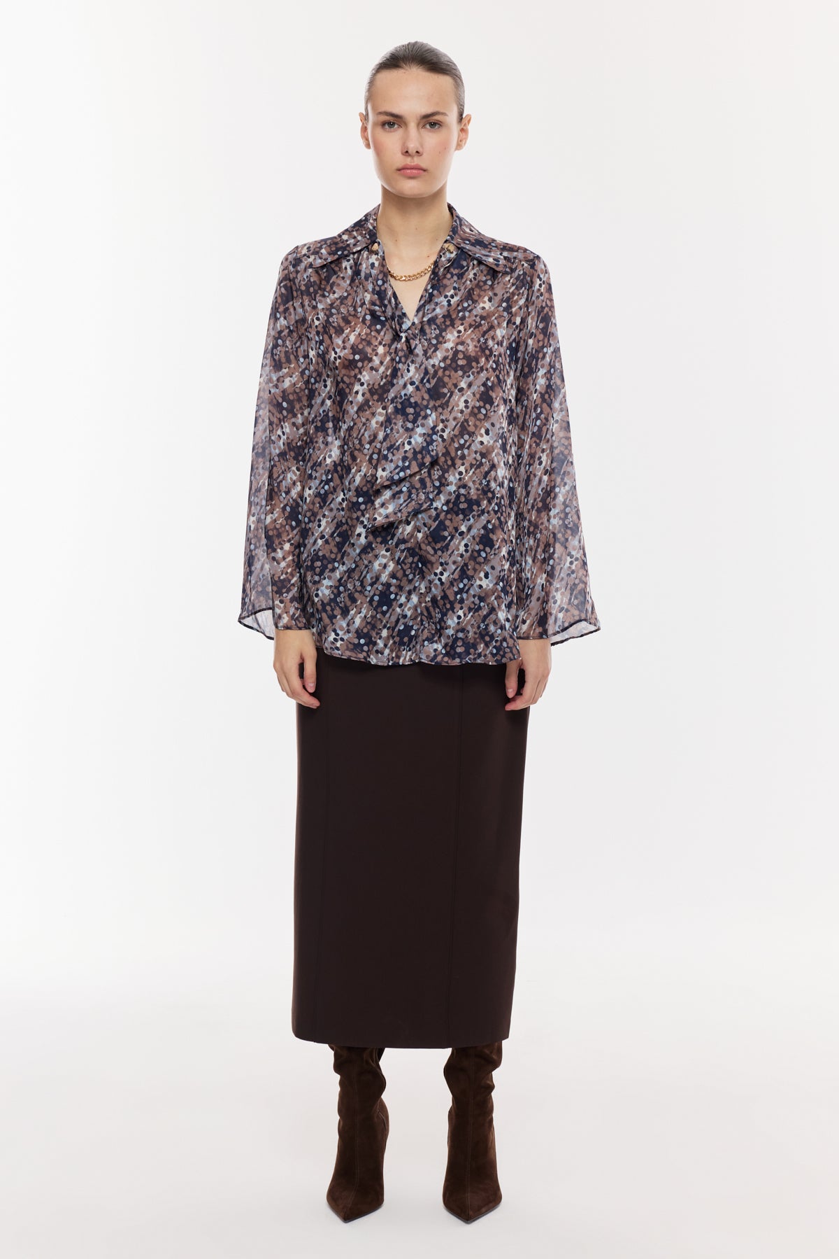 Desenli Şifon Drapeli Bluz