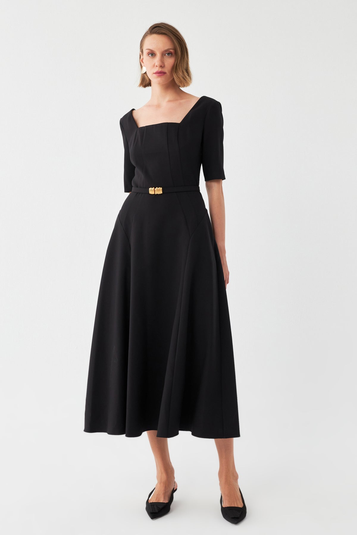 Kare Yaka Midi Elbise