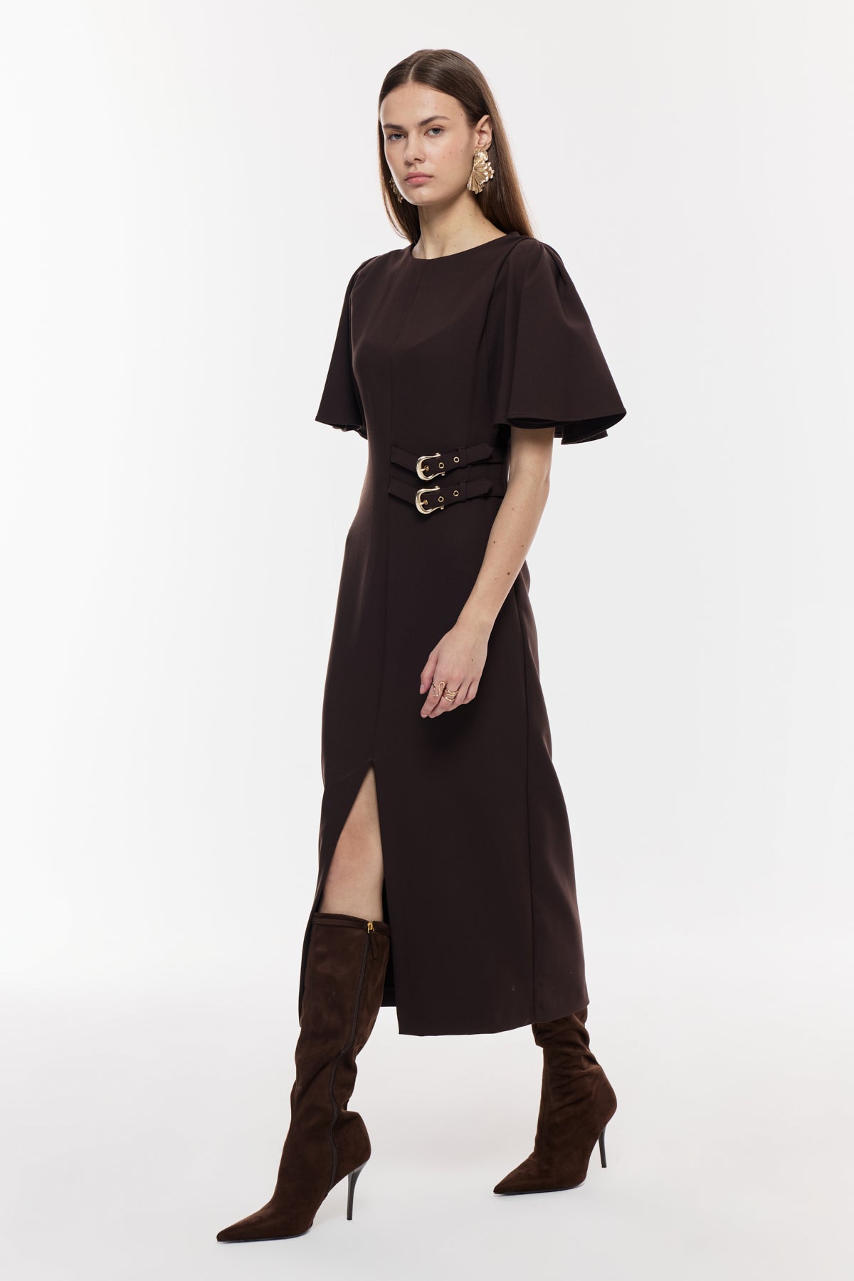 Kemer Detaylı Yırtmaçlı Midi Elbise