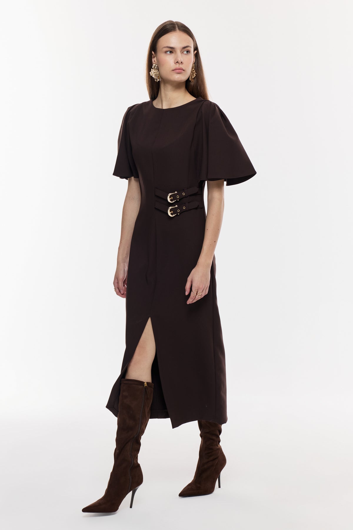 Kemer Detaylı Yırtmaçlı Midi Elbise