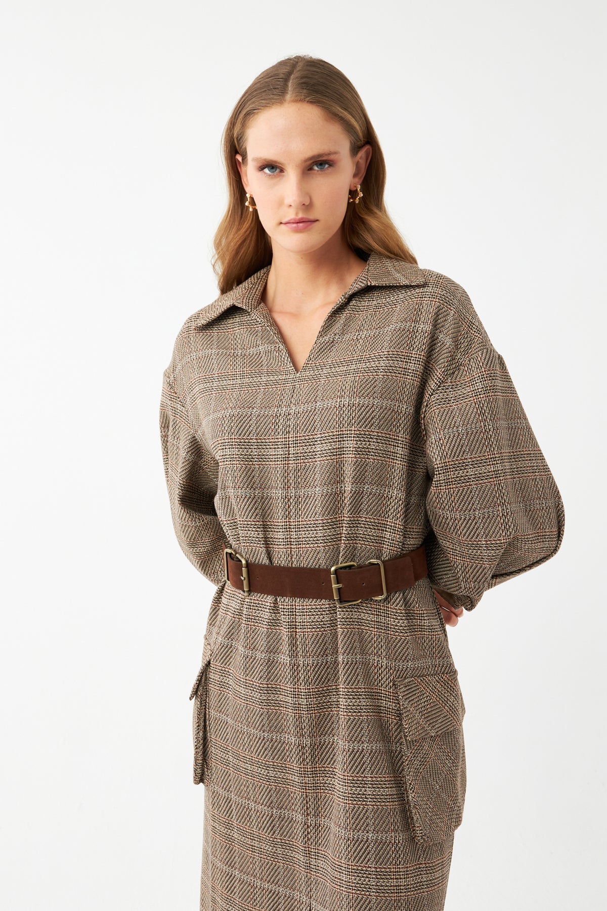 Kareli Kuşaklı Midi Elbise