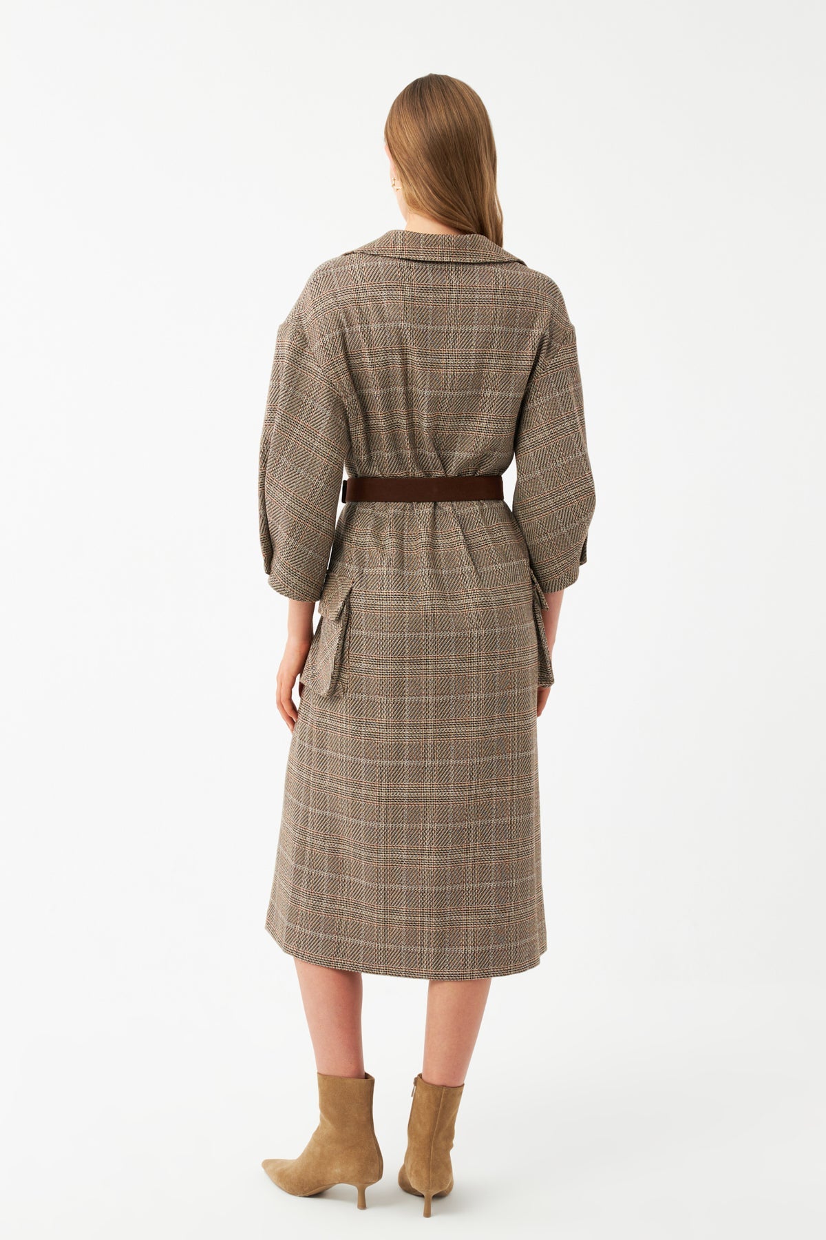 Kareli Kuşaklı Midi Elbise