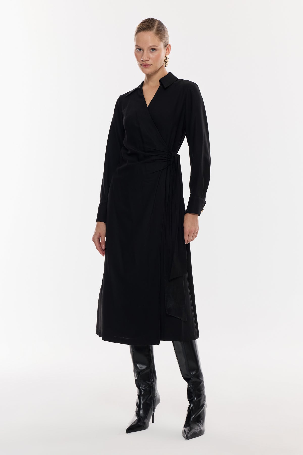 Kruvaze Kuşaklı Midi Elbise