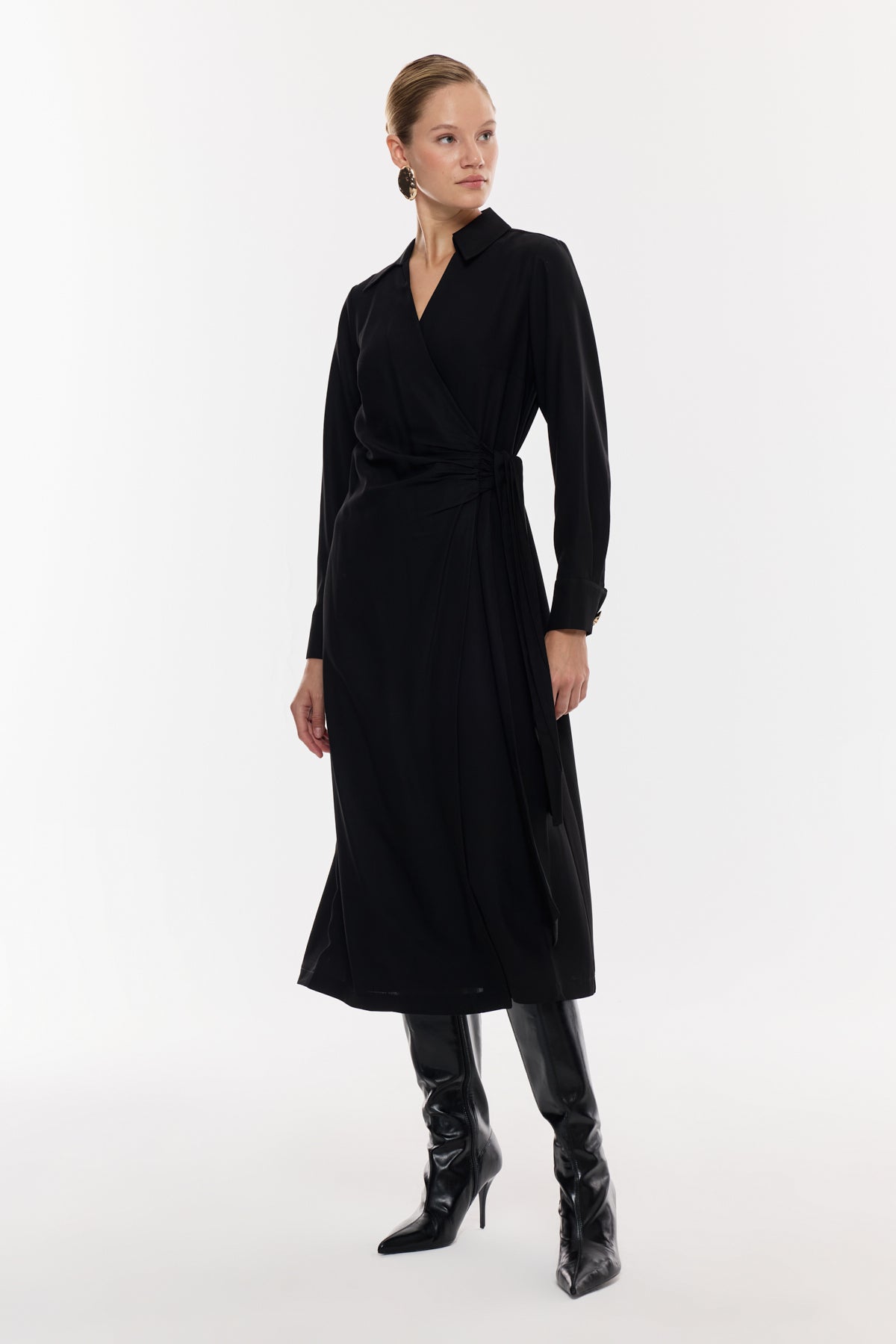 Kruvaze Kuşaklı Midi Elbise