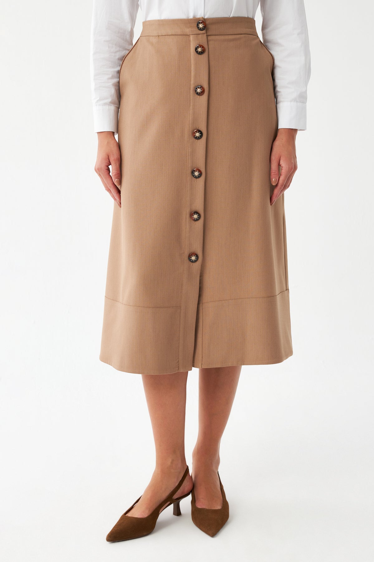 Düğme Detaylı Camel Midi Etek