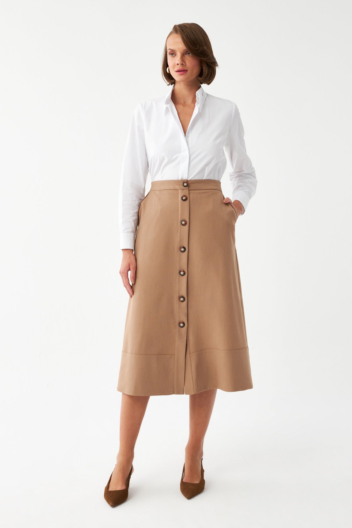 Düğme Detaylı Camel Midi Etek
