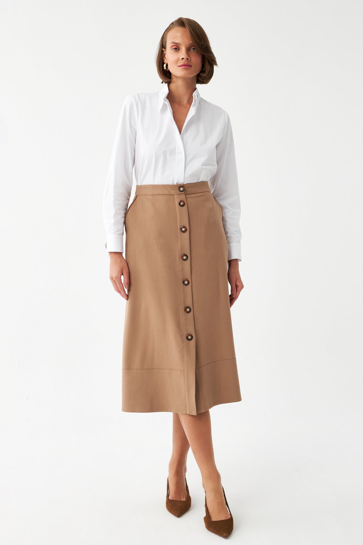 Düğme Detaylı Camel Midi Etek