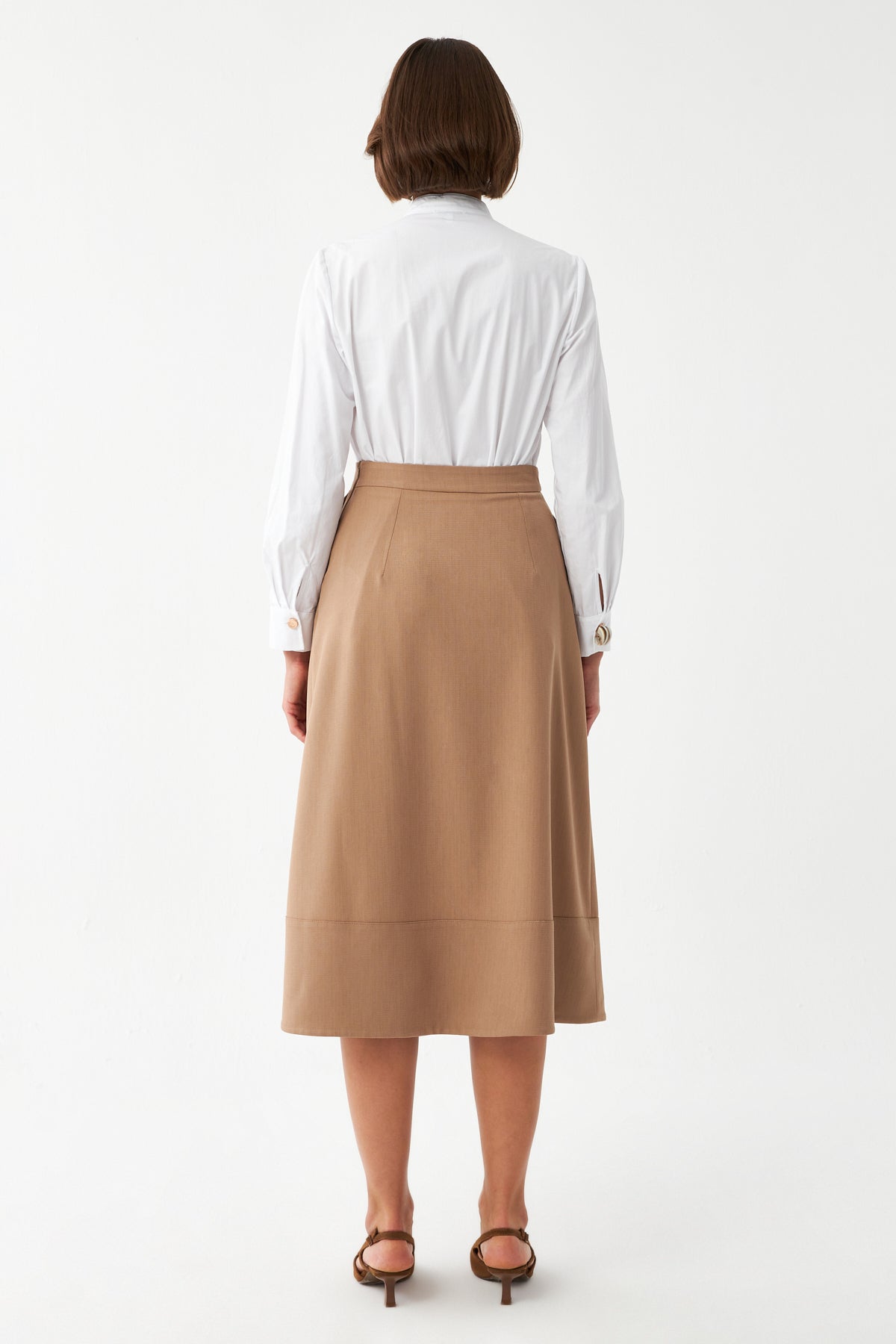 Düğme Detaylı Camel Midi Etek