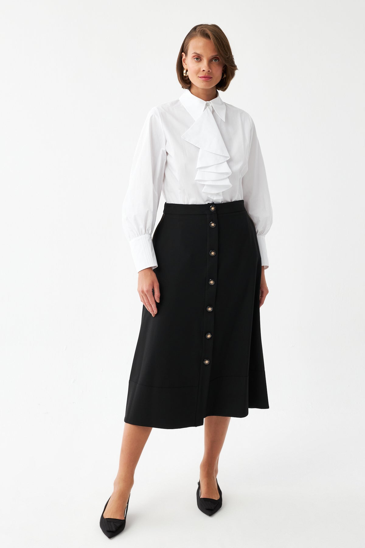 Düğme Detaylı Siyah Midi Etek