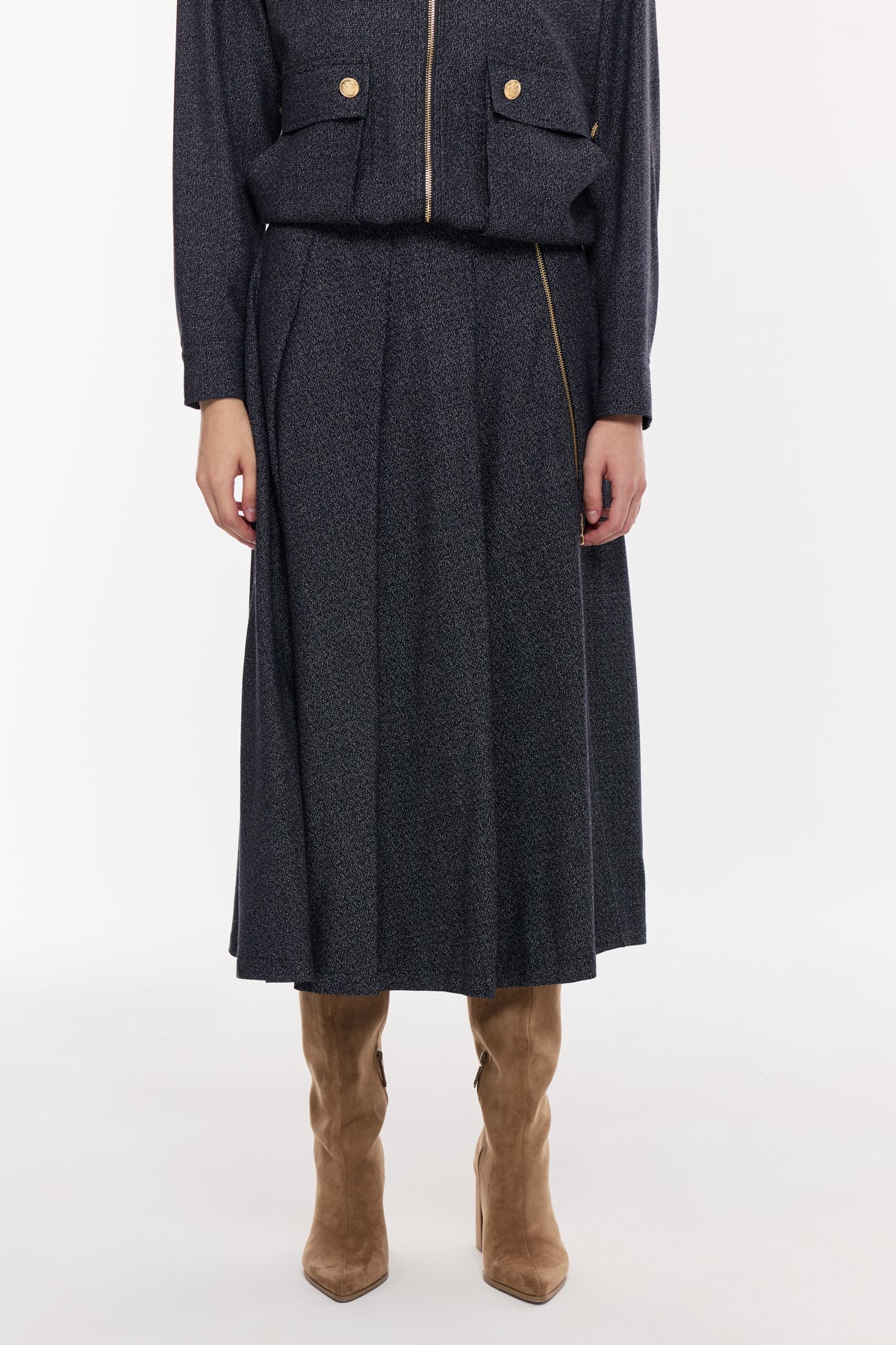 Altın Fermuar Detaylı Midi Etek