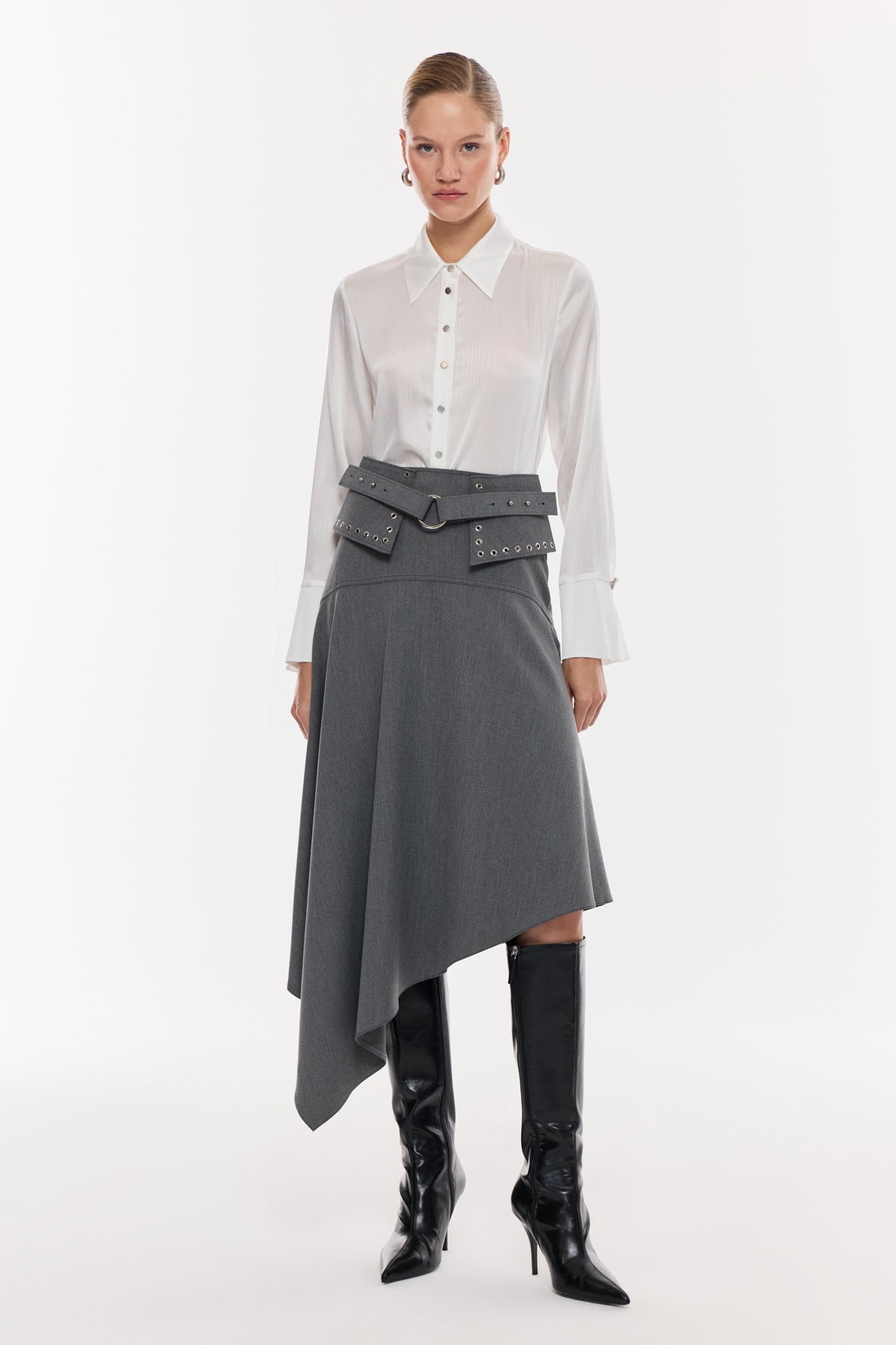 Kemer Detaylı Asimetrik Midi Etek