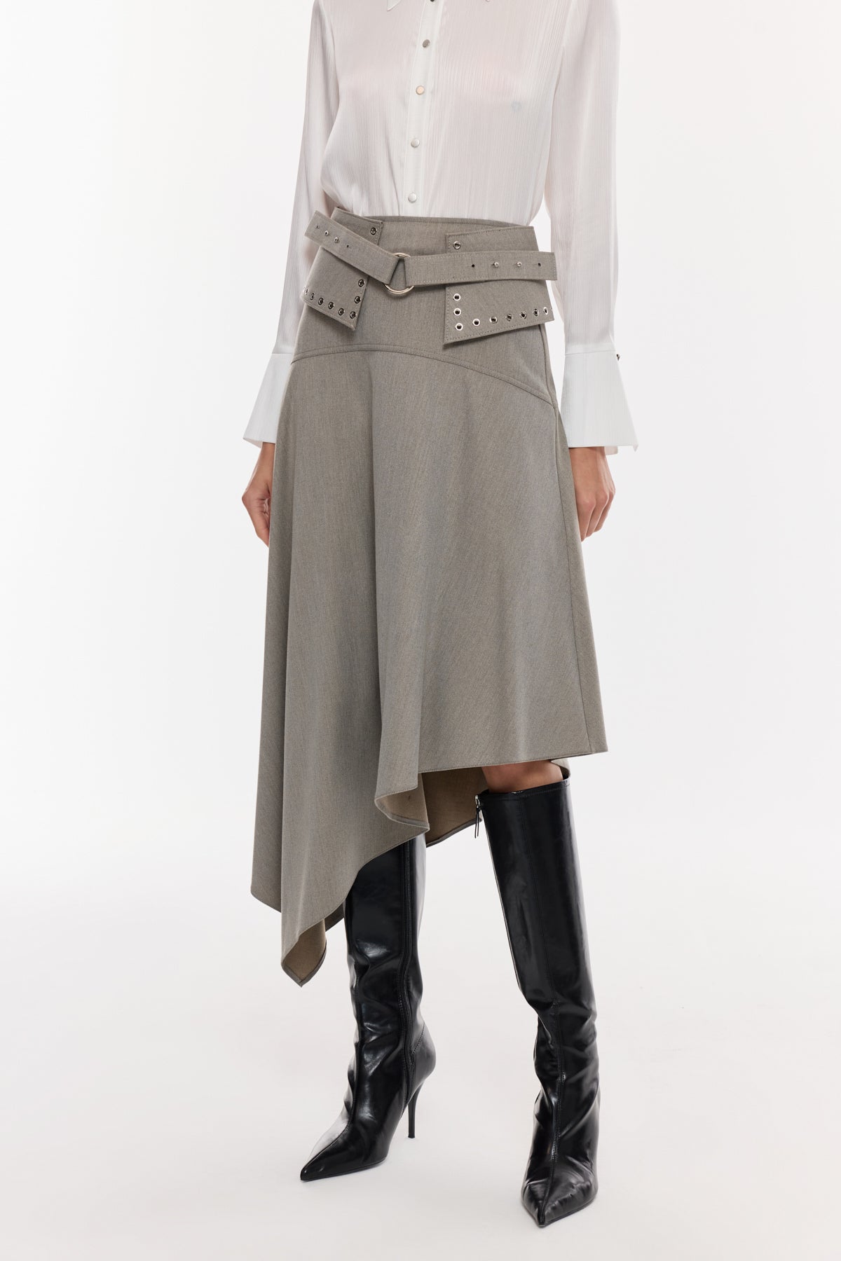 Kemer Detaylı Asimetrik Midi Etek