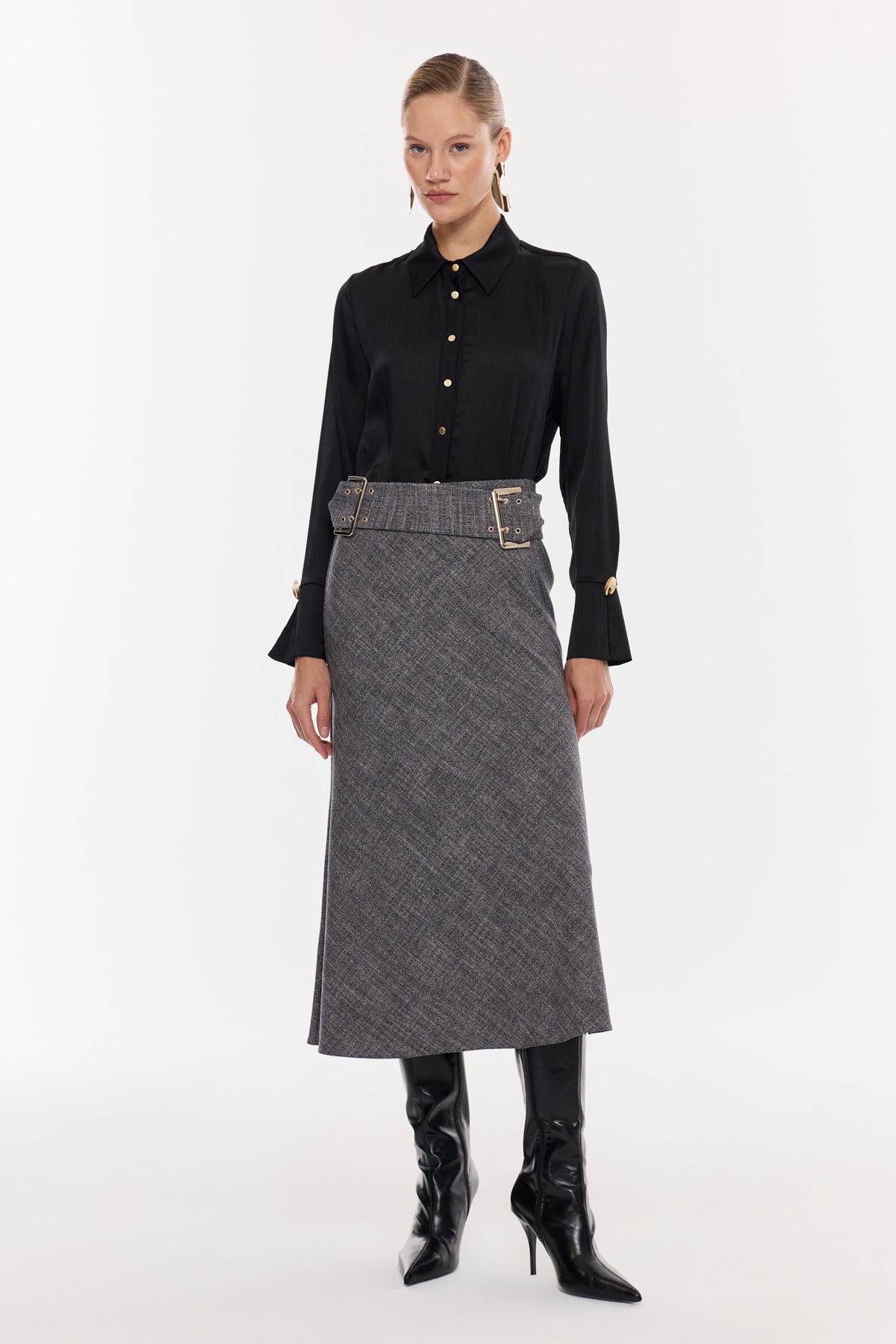 Kemer Detaylı Gri Midi Etek