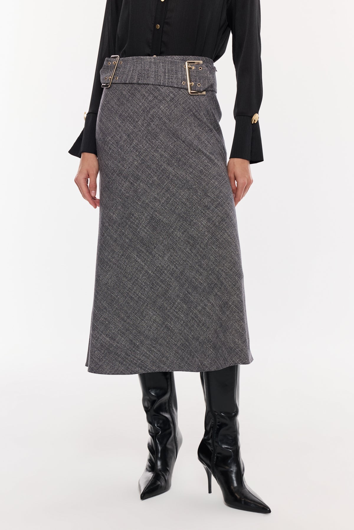 Kemer Detaylı Gri Midi Etek