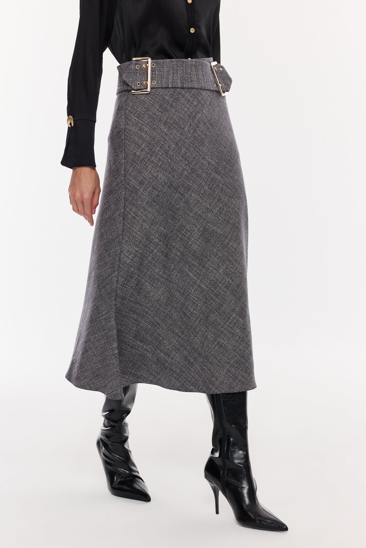 Kemer Detaylı Gri Midi Etek