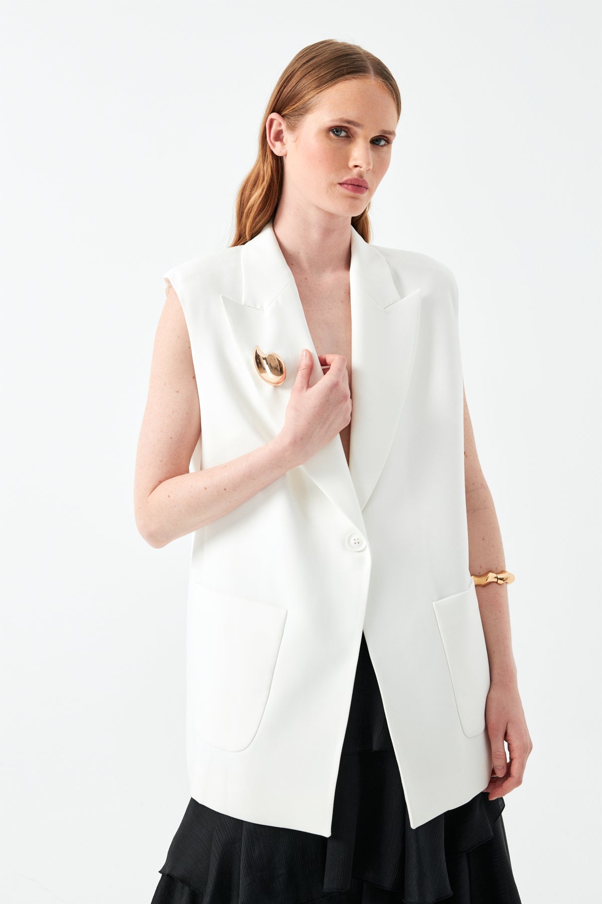 Kolsuz Ekru Blazer Yelek