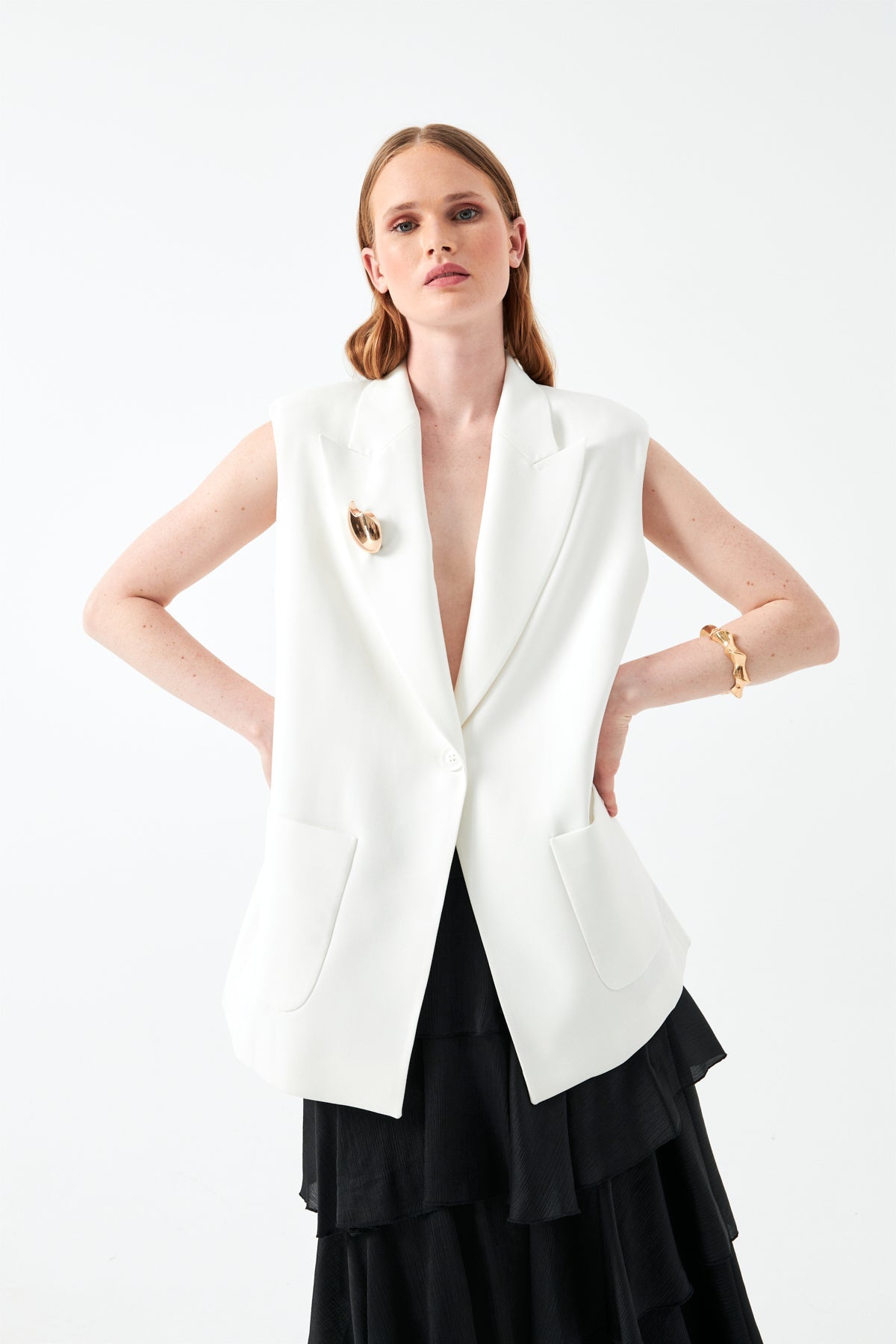 Kolsuz Ekru Blazer Yelek