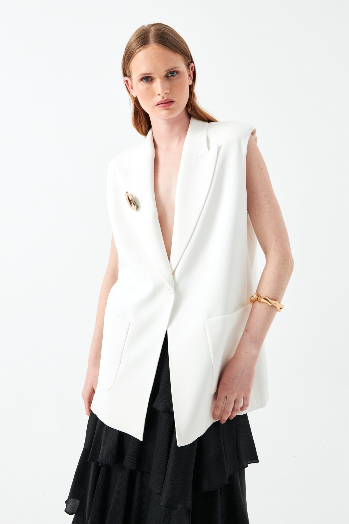 Kolsuz Ekru Blazer Yelek