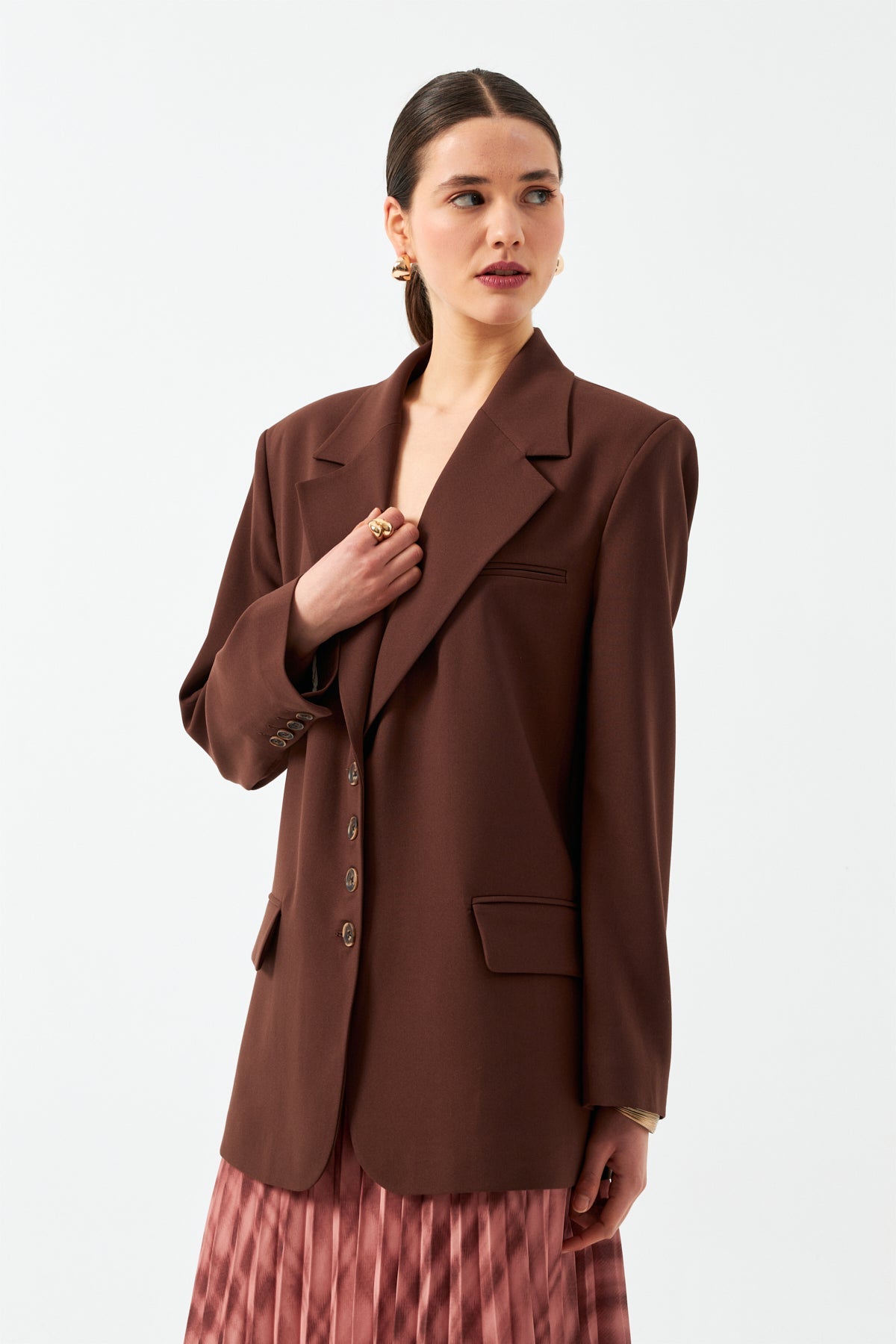 Düğmeli Uzun Blazer Ceket - Kahverengi