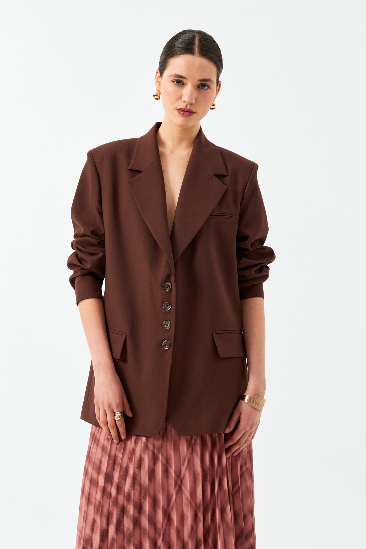 Düğmeli Uzun Blazer Ceket - Kahverengi