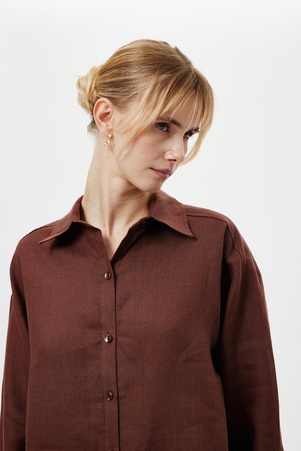 Dökümlü Keten Gömlek KAHVERENGİ