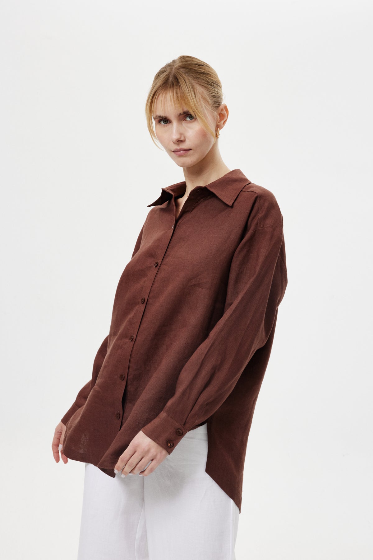 Dökümlü Keten Gömlek KAHVERENGİ