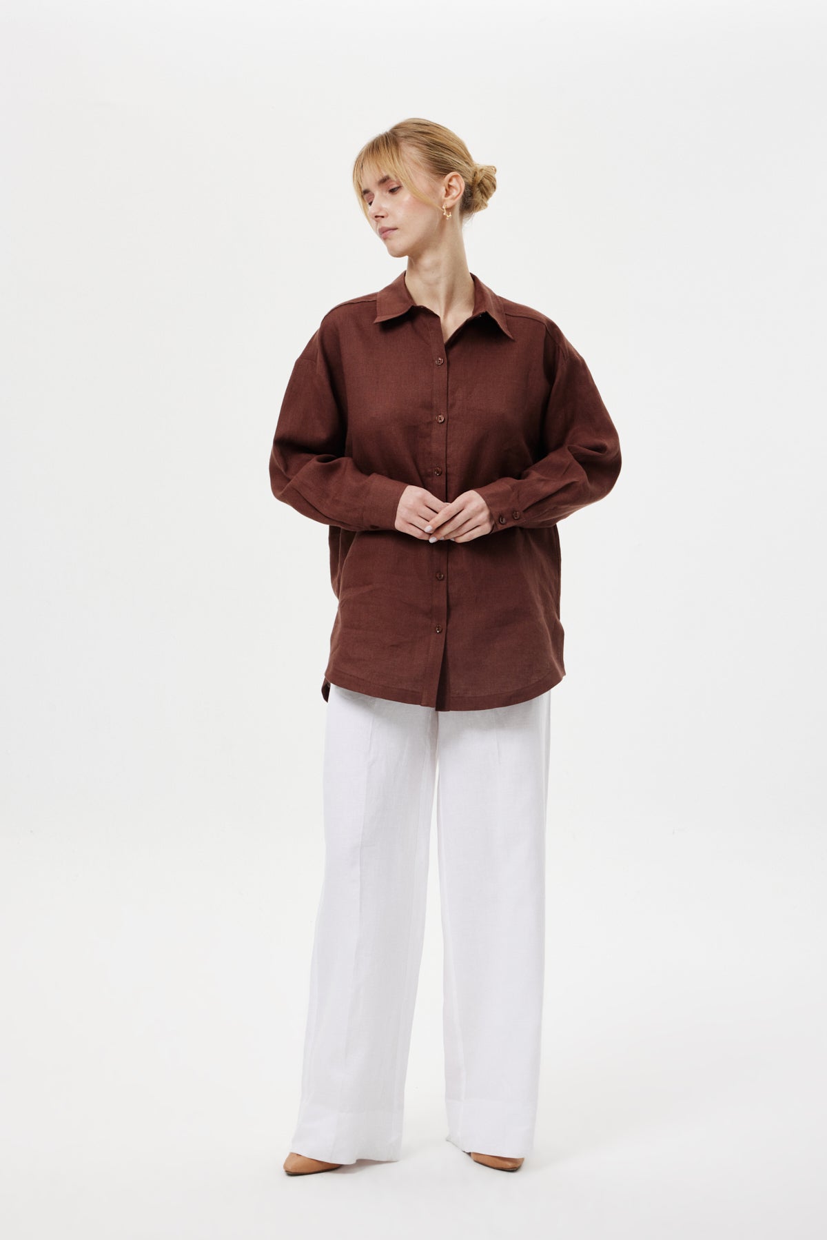 Dökümlü Keten Gömlek KAHVERENGİ